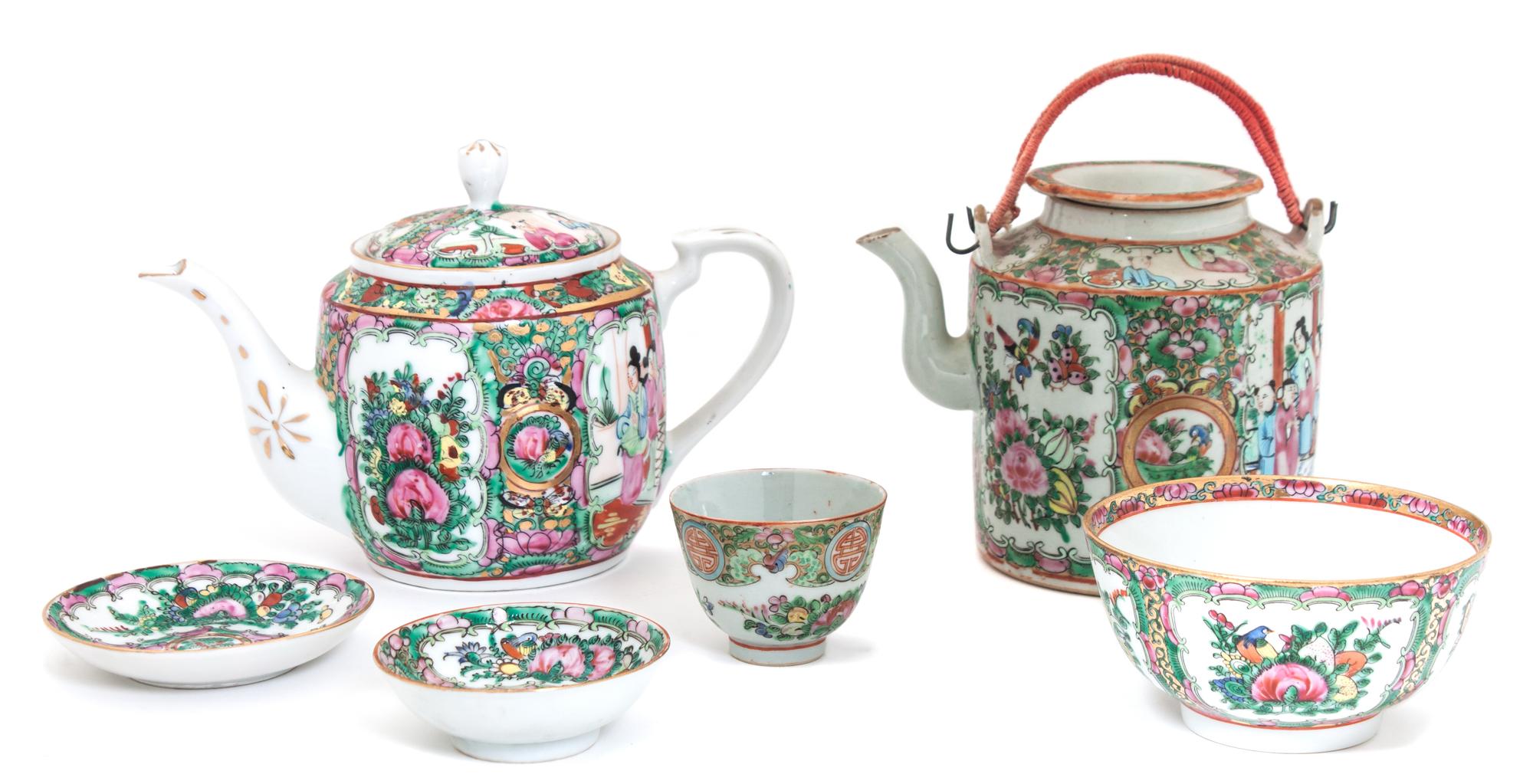 A Group of Rose Medallion Porcelain Articles Height of tallest 5 3/4 inches.