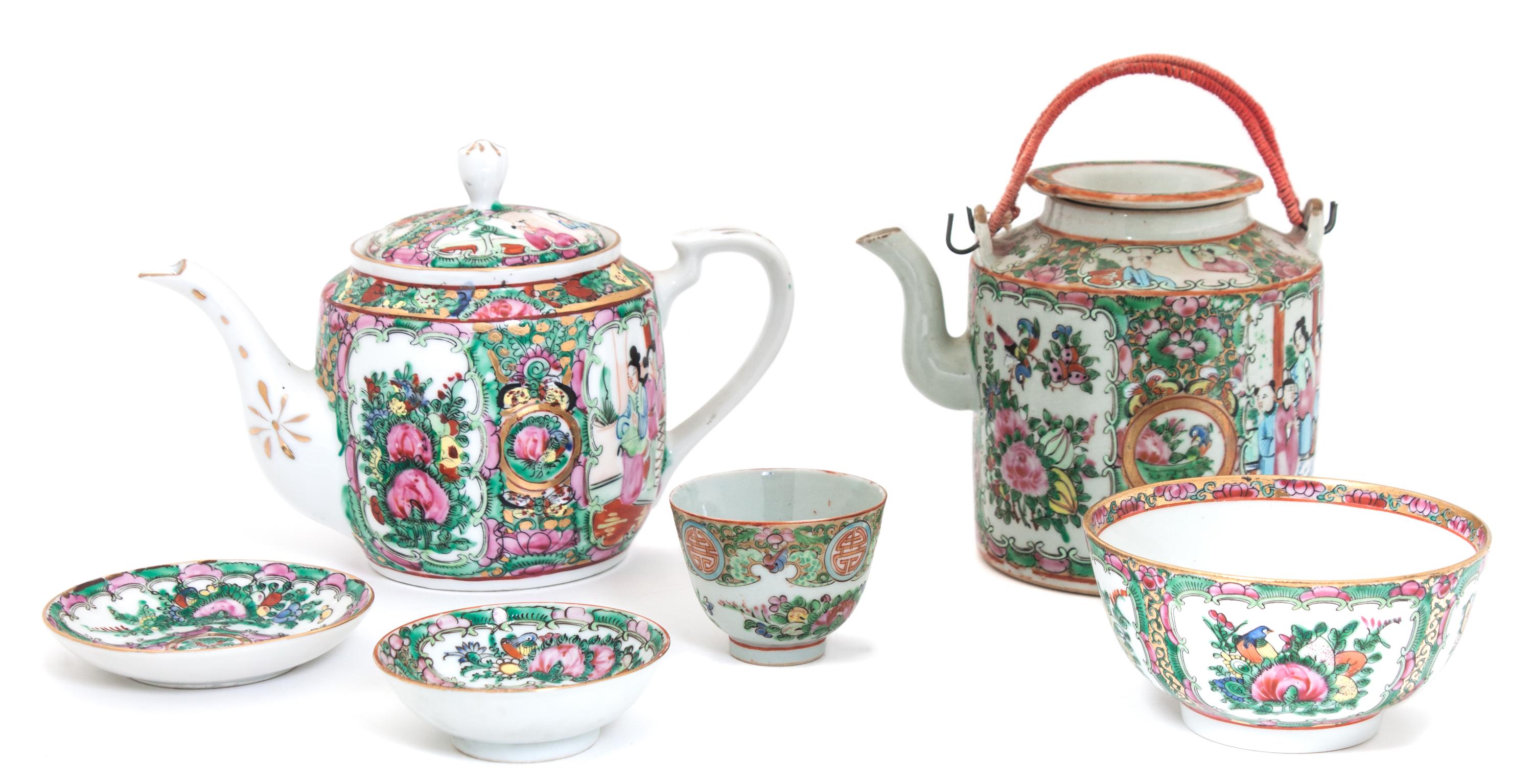 A Group of Rose Medallion Porcelain Articles Height of tallest 5 3/4 inches.