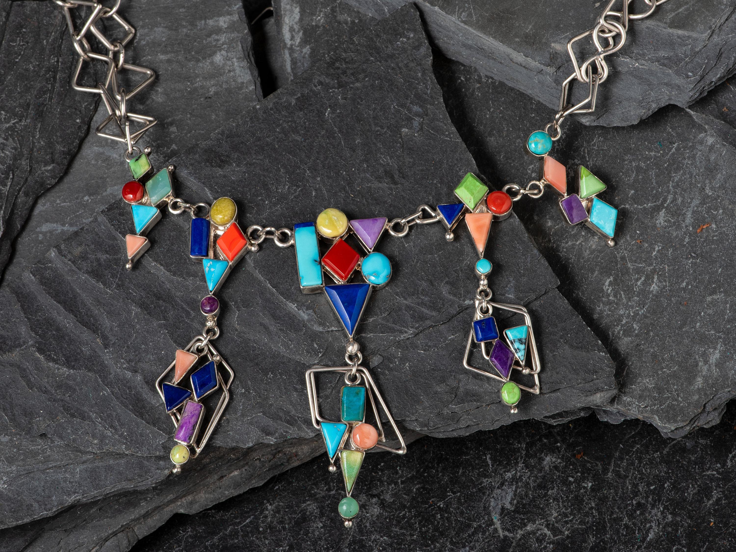 Abstract Silver Necklace, with Inlay