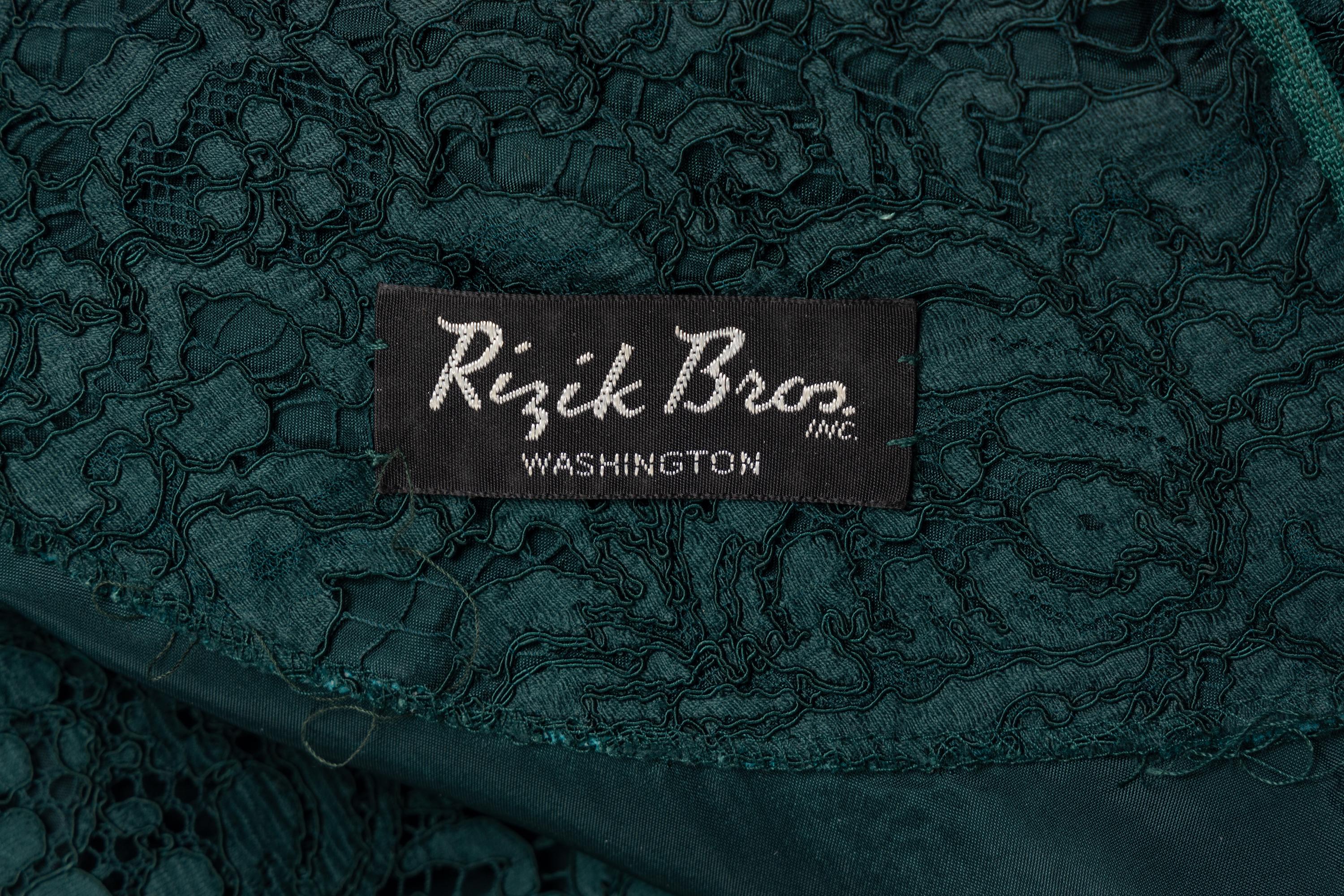 Rizik Brothers Green Lace Dress and Two Brooches