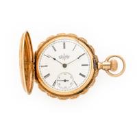 ELGIN, 14K YELLOW GOLD HUNTER CASE POCKET WATCH WITH CHARM