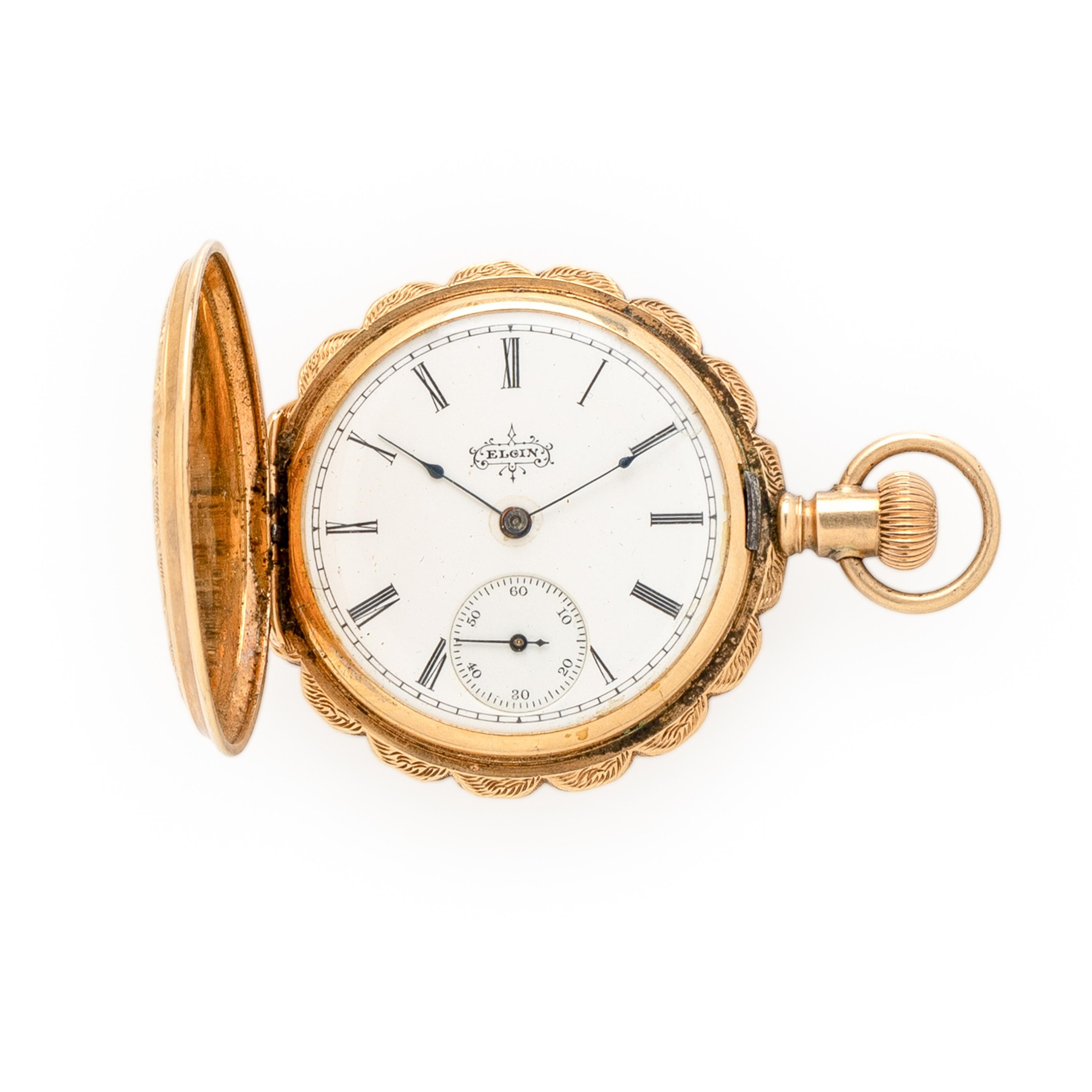 ELGIN, 14K YELLOW GOLD HUNTER CASE POCKET WATCH WITH CHARM
