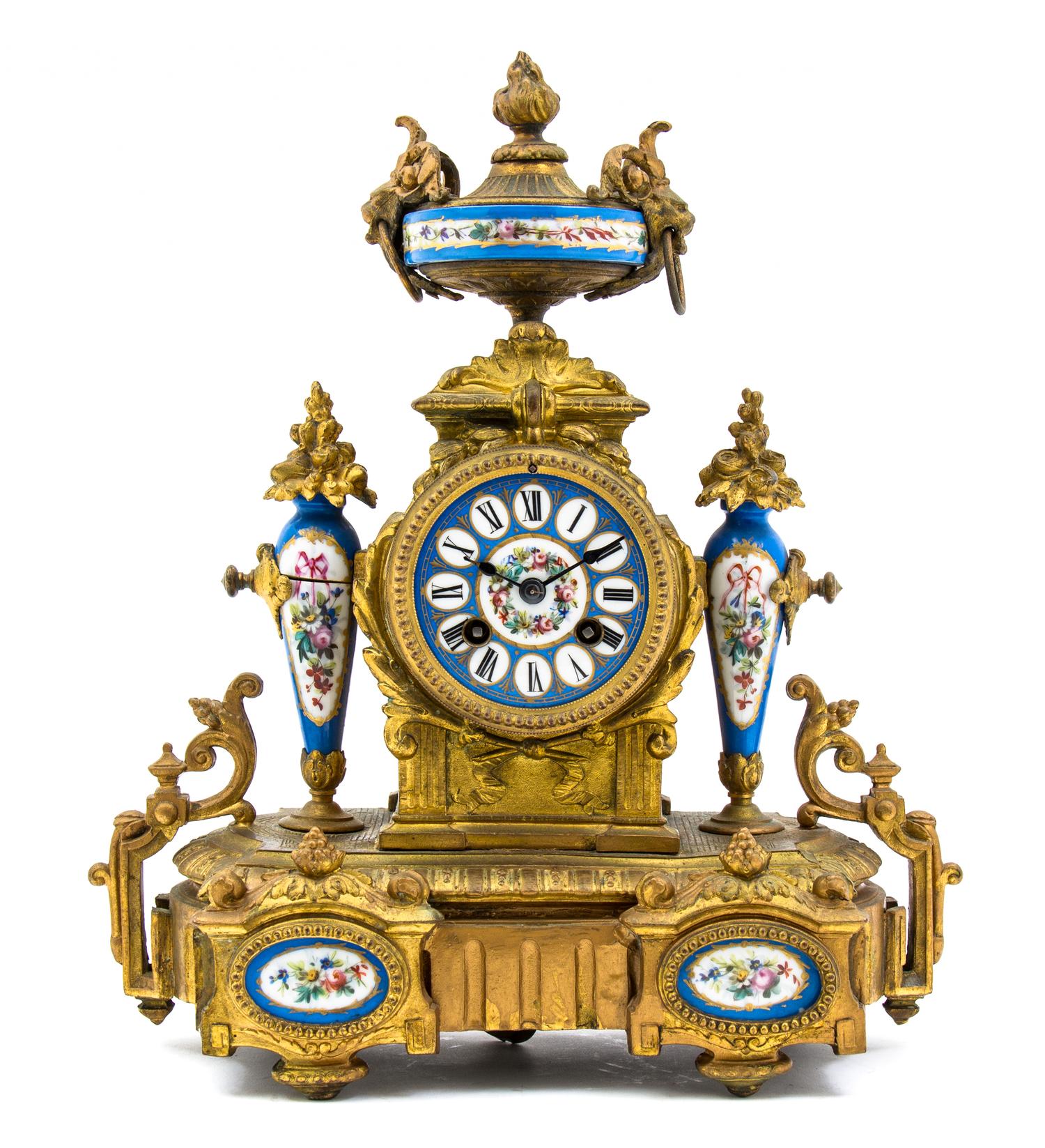 A Sevres Style Porcelain and Gilt Metal Mounted Mantel Clock, Mourey, Height 14 1/2 inches.