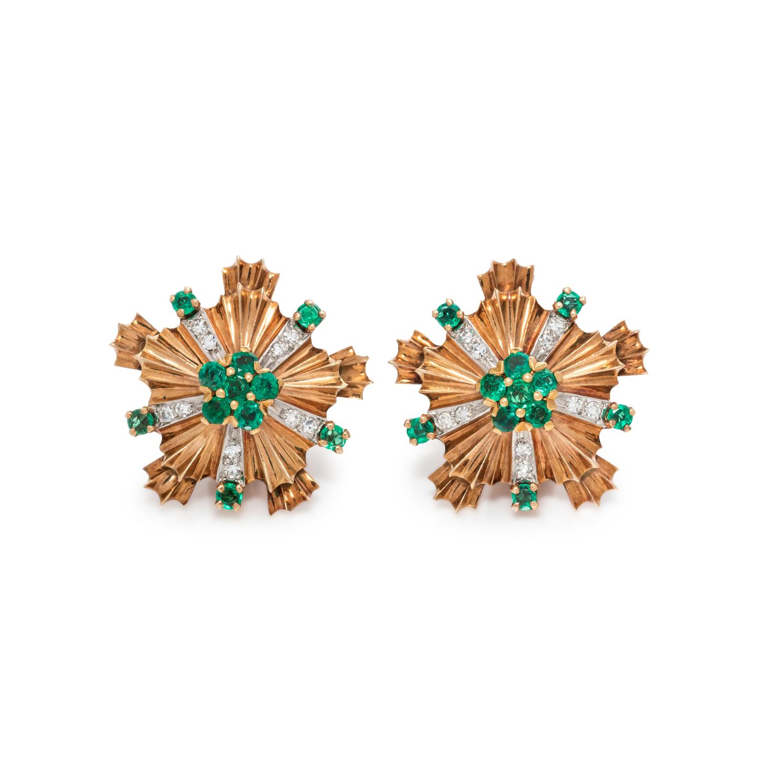 TIFFANY & CO., RETRO, EMERALD AND DIAMOND EARCLIPS
