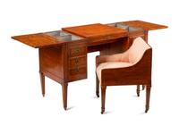 An Italian Walnut and Marquetry Mechanical Dressing Table with an Integrated Chair