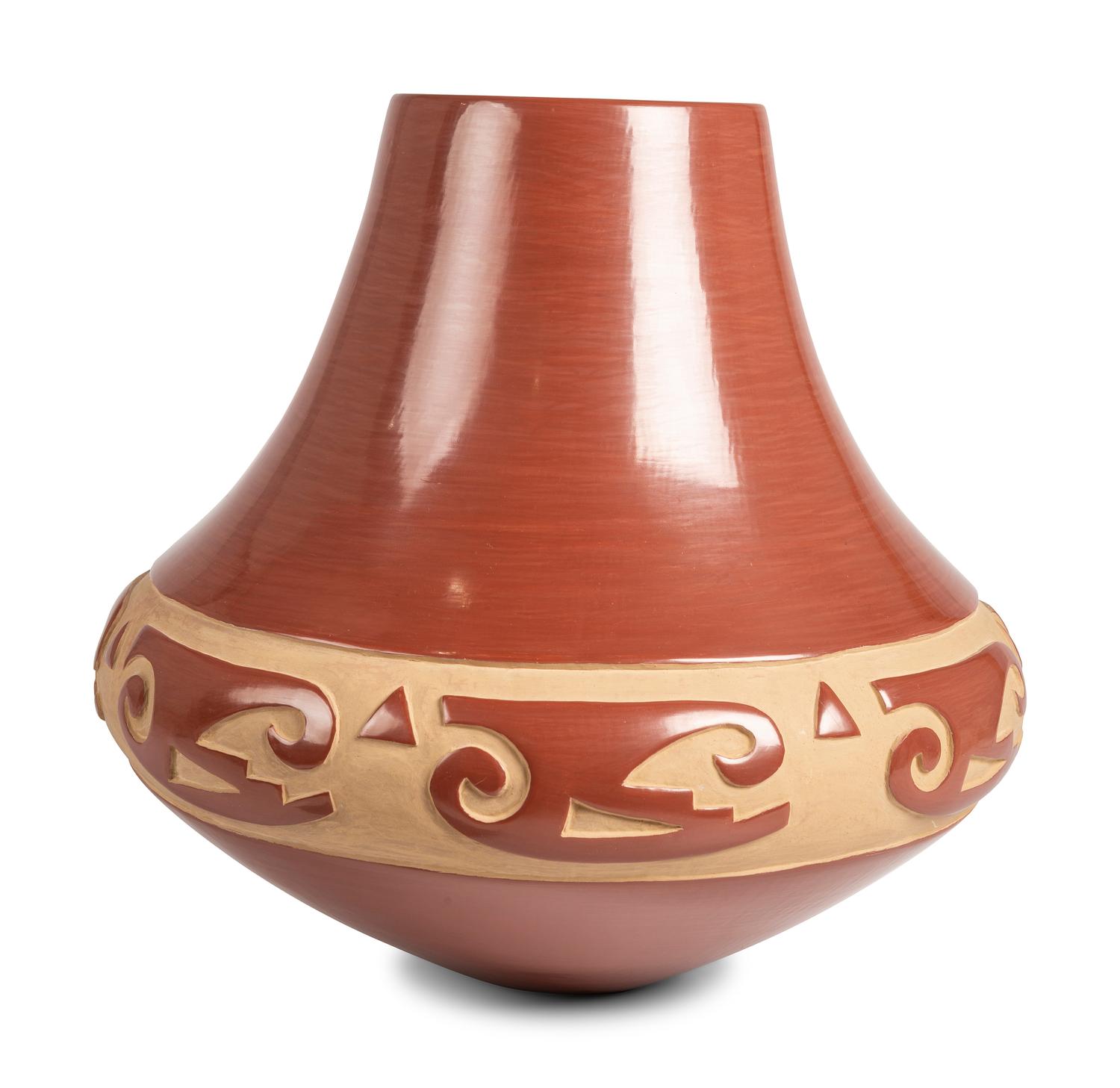 Carved Redware Pottery Jar, with Sikyatki-style Birds