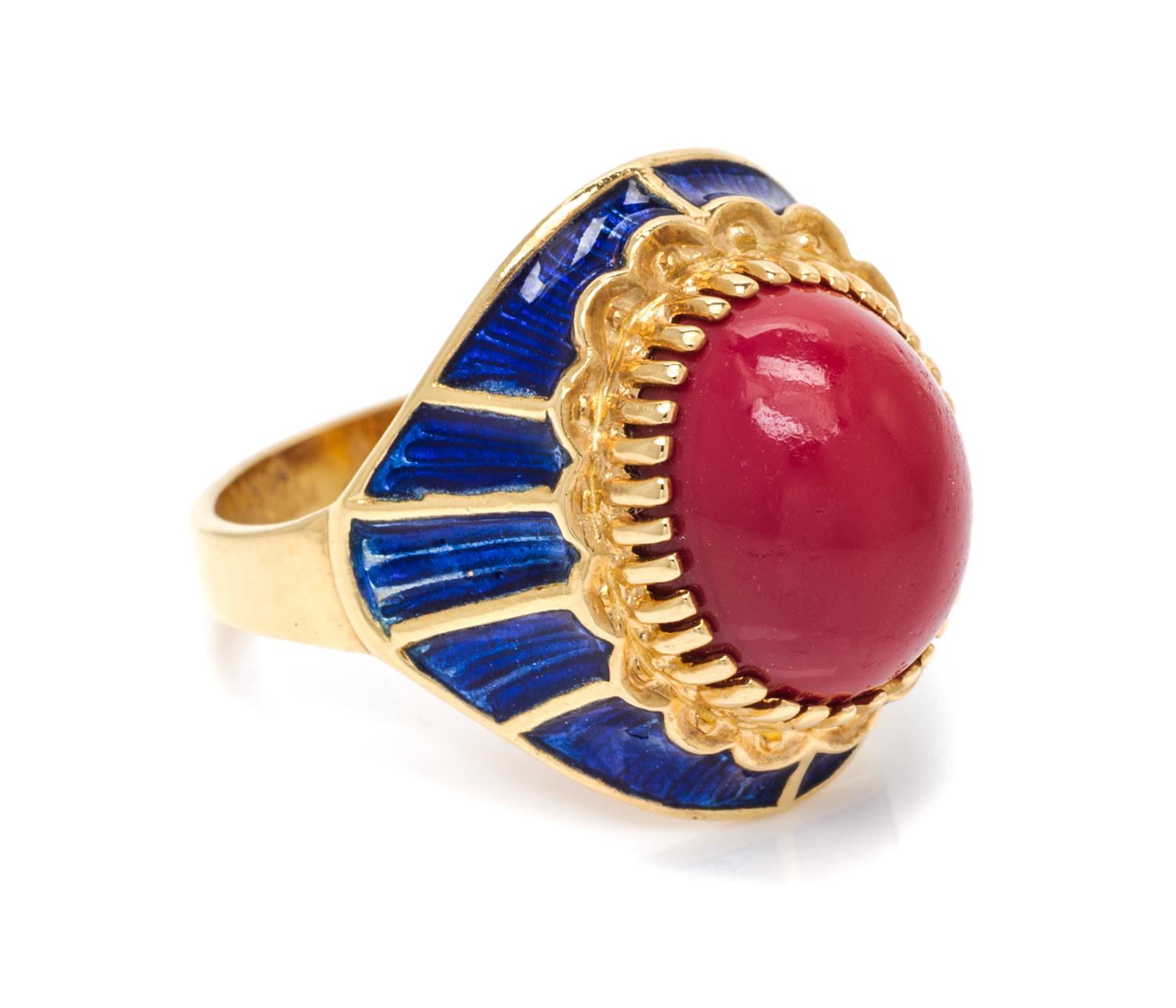 An 18 Karat Yellow Gold, Coral and Enamel Ring, Italian, 4.50 dwts.