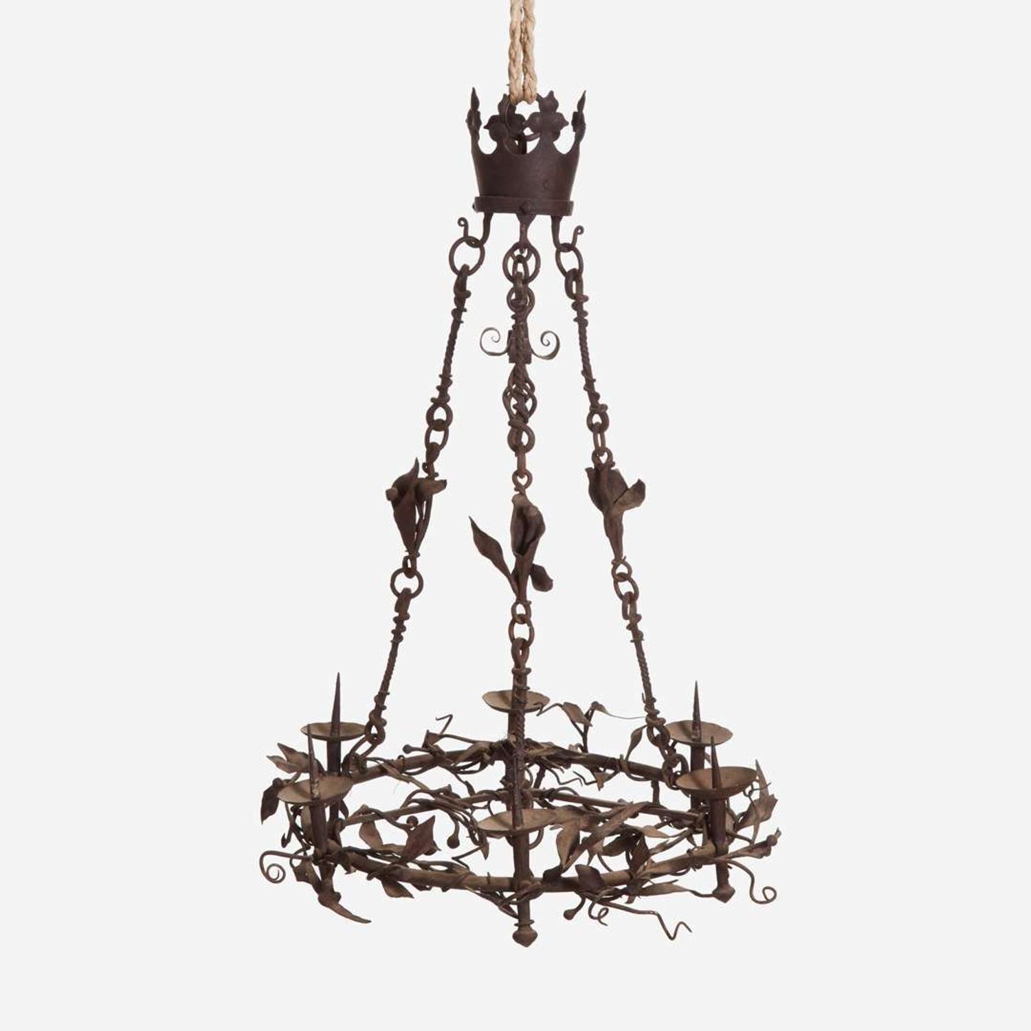 A Gothic Wrought Iron Six-Light Pricket Chandelier French, 15th century or later