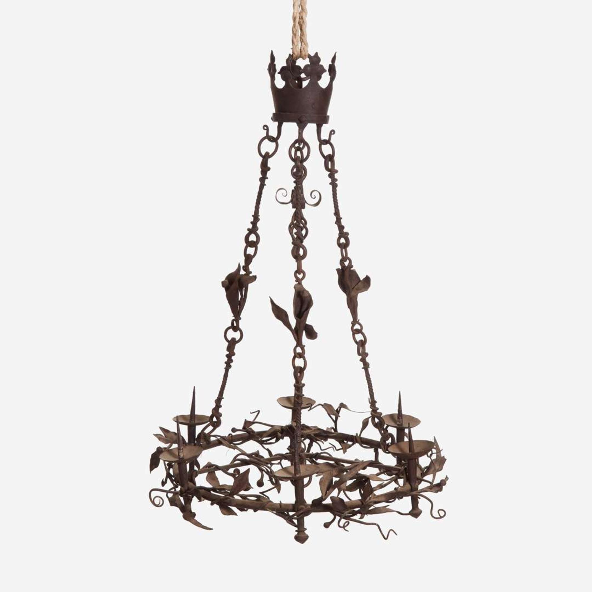 A Gothic Wrought Iron Six-Light Pricket Chandelier French, 15th century or later