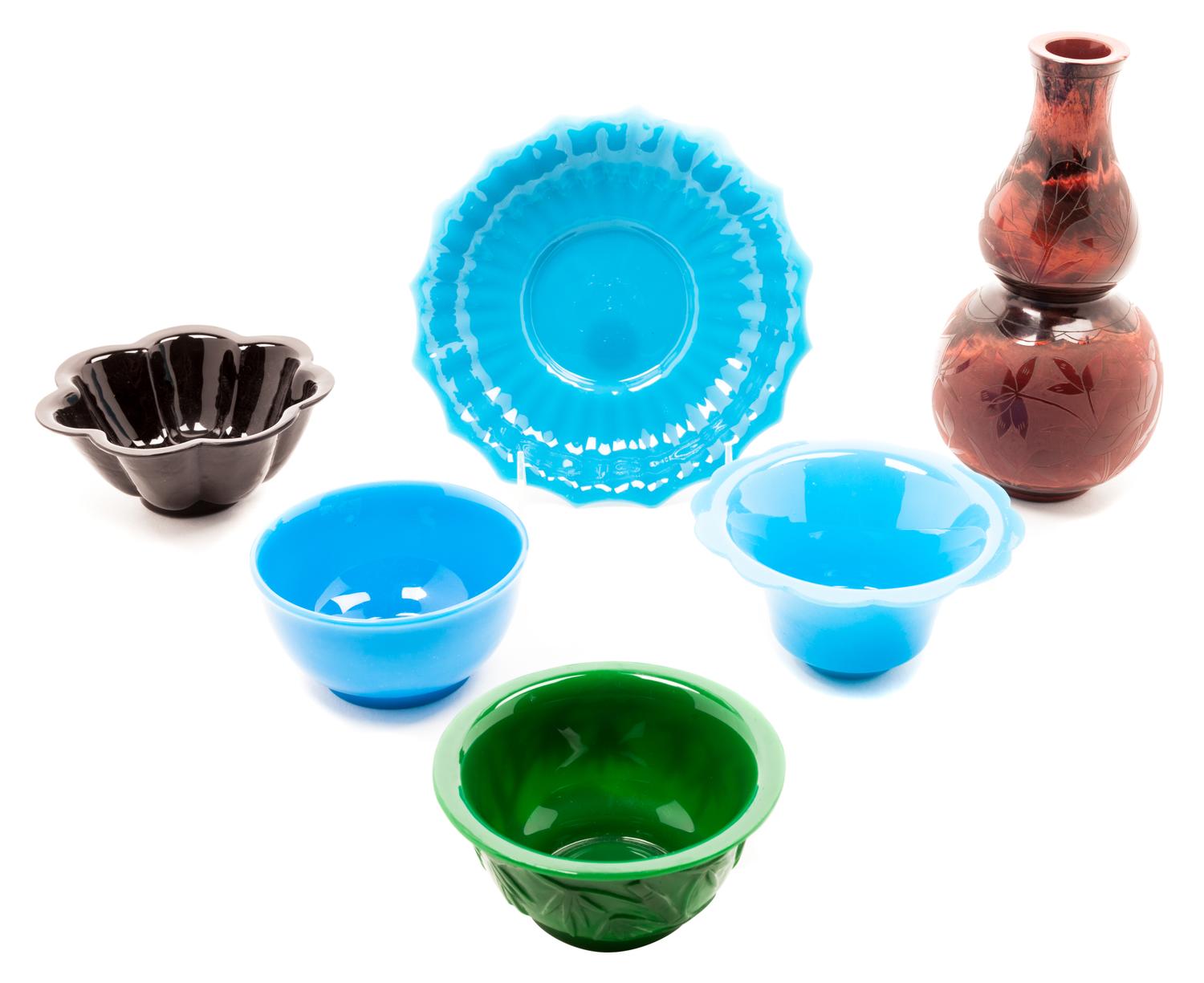 Five Peking Glass Bowls and a Peking Glass Vase Height of tallest 8 inches.