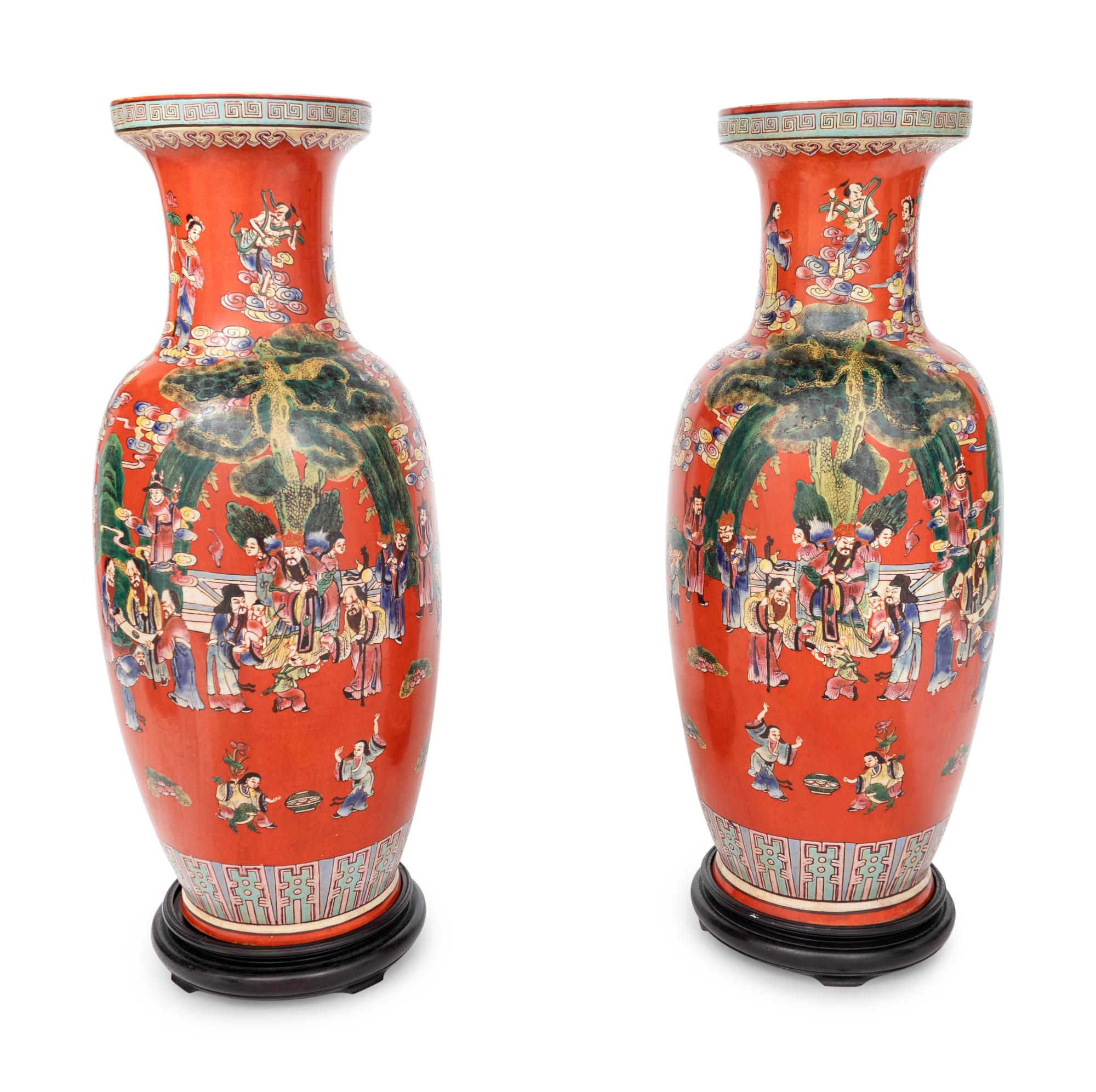 A Pair of Chinese Coral Ground Porcelain Vases