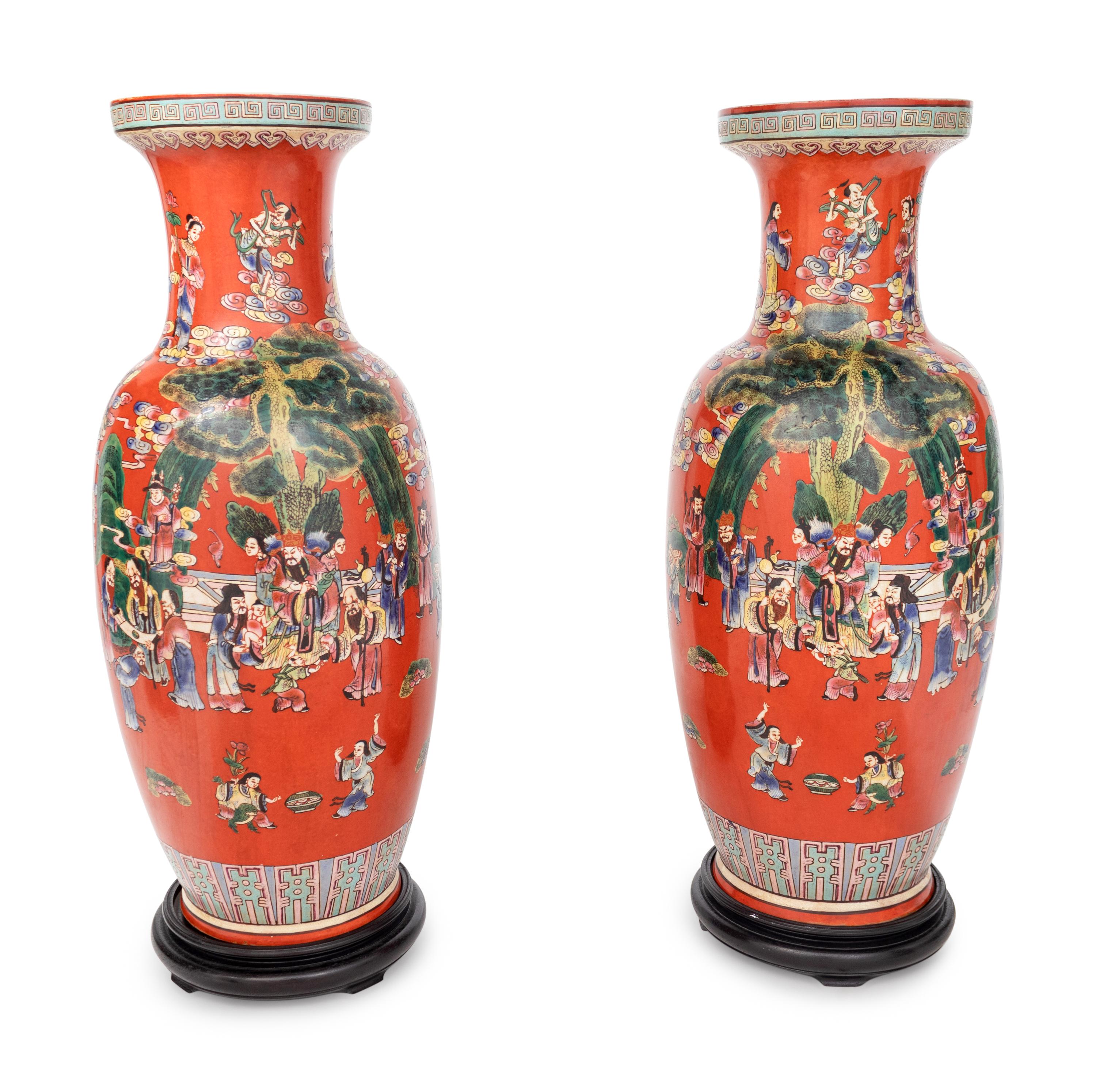 A Pair of Chinese Coral Ground Porcelain Vases