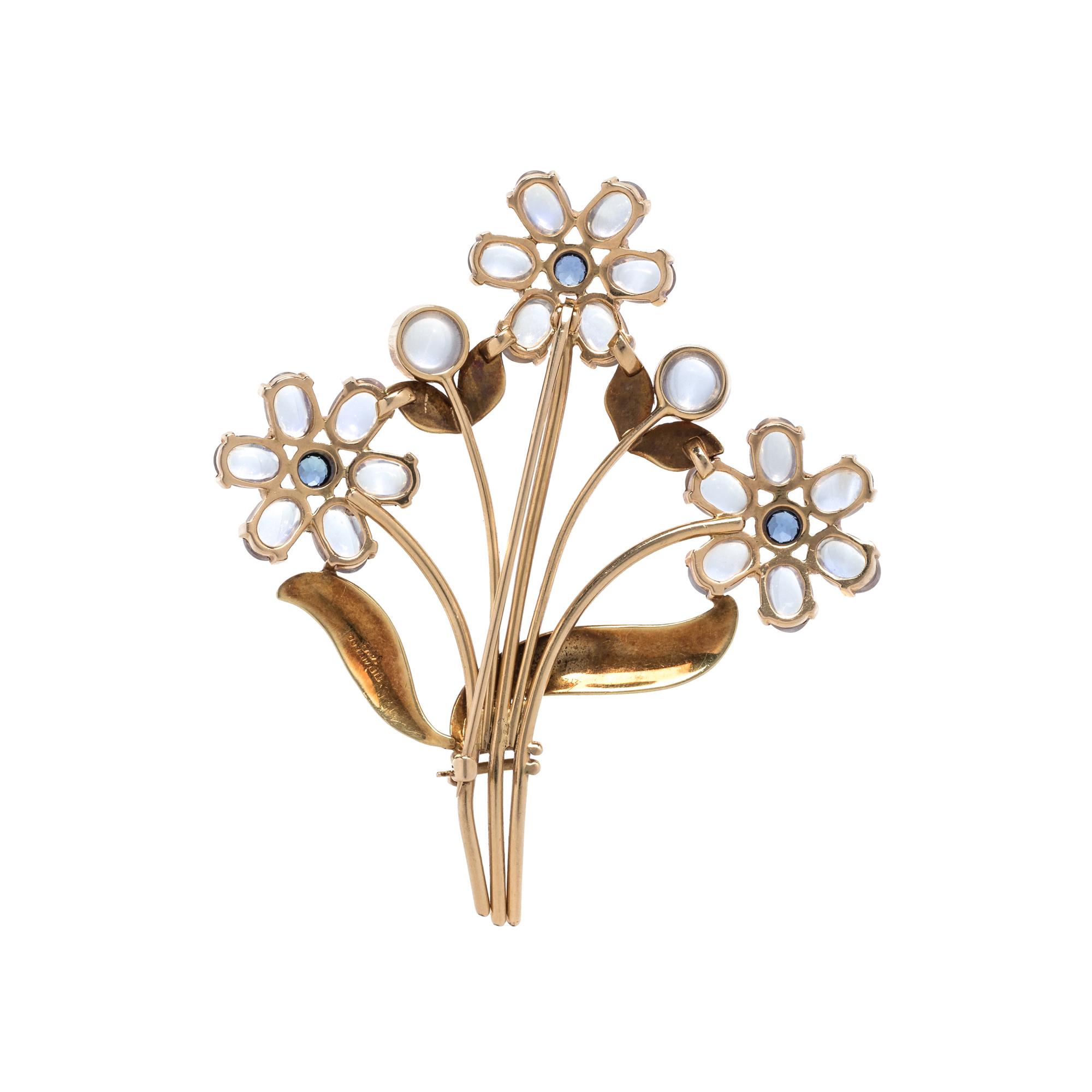 TIFFANY & CO., RETRO, SAPPHIRE AND MOONSTONE FLOWER BROOCH