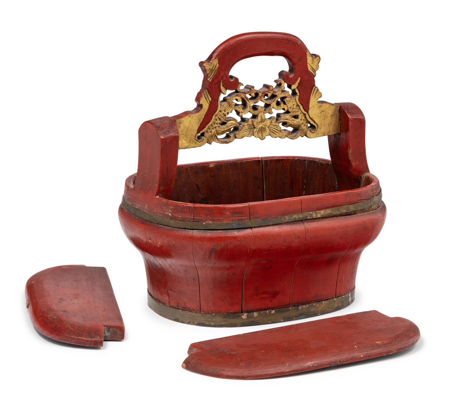 A Chinese Red Lacquer and Parcel-Gilt Pail Container