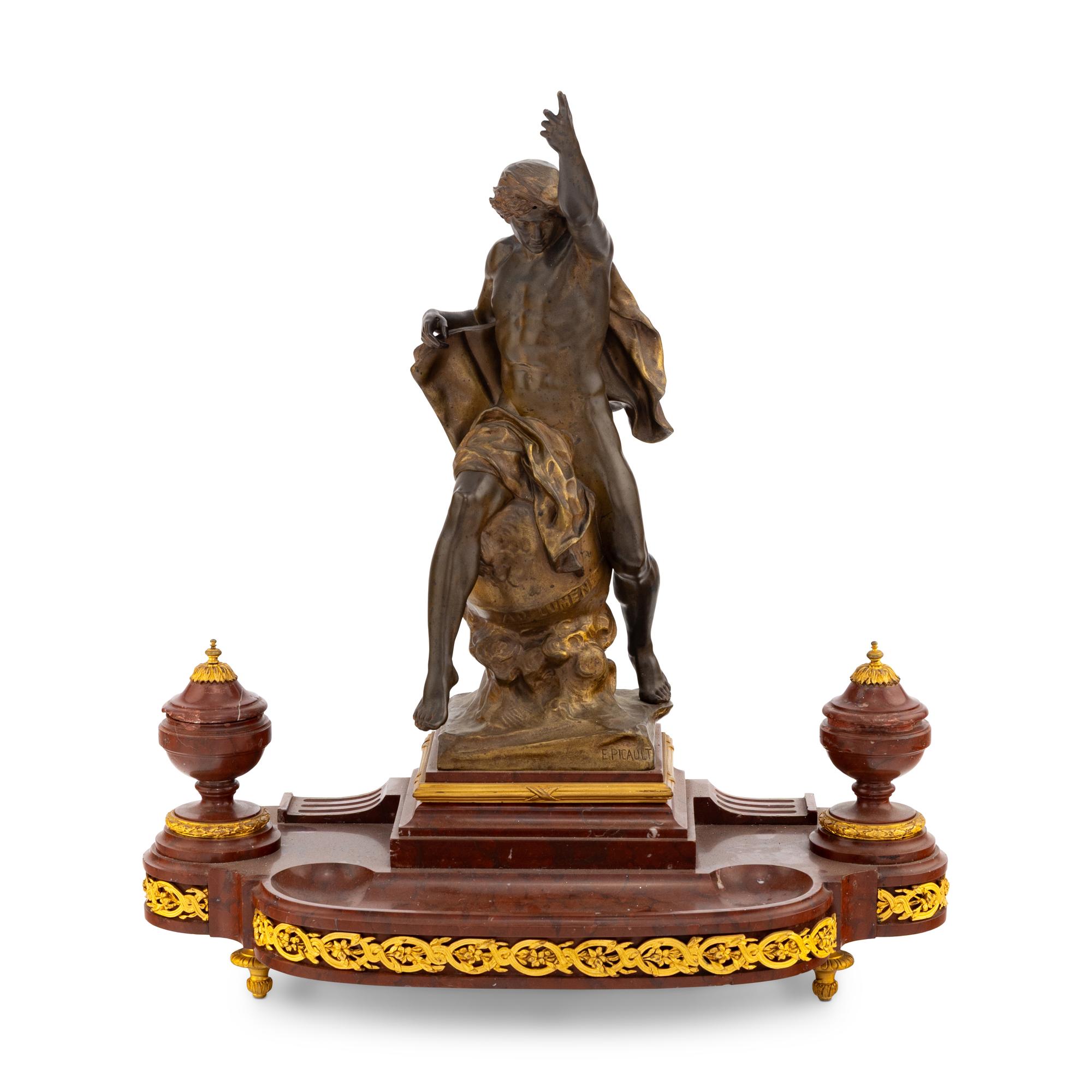 A French Gilt and Patinated Bronze Mounted Marble Encrier