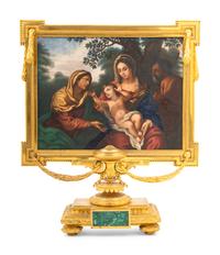 A Louis XVI Style Malachite-Inset Gilt Bronze Lamp with Pictorial Shade