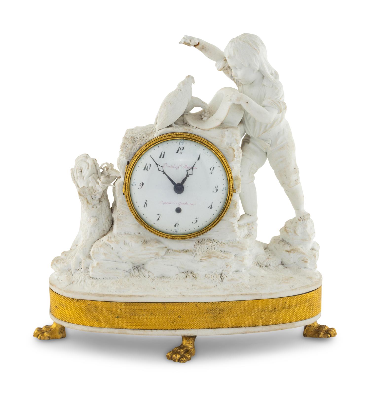 A French Gilt Bronze Mounted Biscuit Porcelain Figural Clock