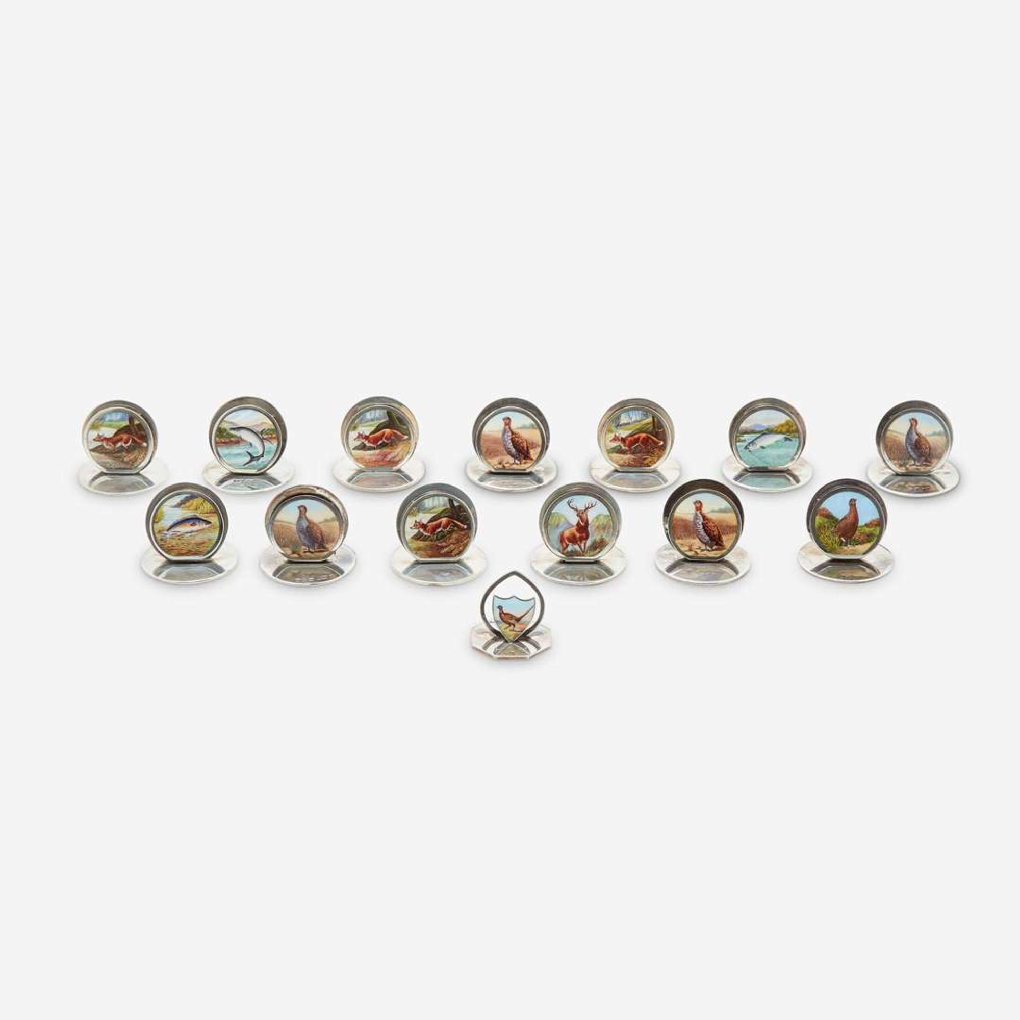 A Collection of English Hunt-Themed Sterling Silver and Enamel Place Card Holders various makers, early 20th century