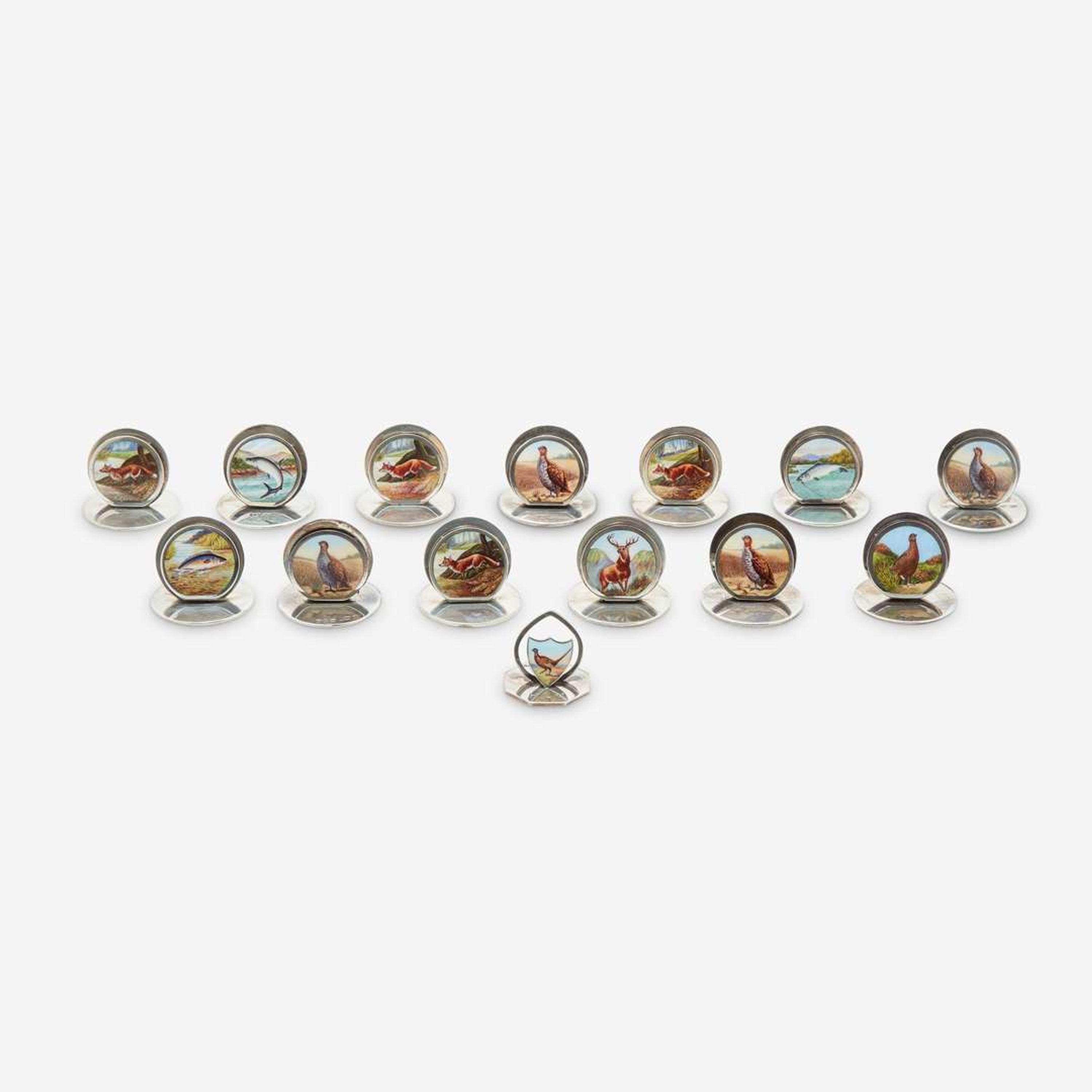A Collection of English Hunt-Themed Sterling Silver and Enamel Place Card Holders various makers, early 20th century