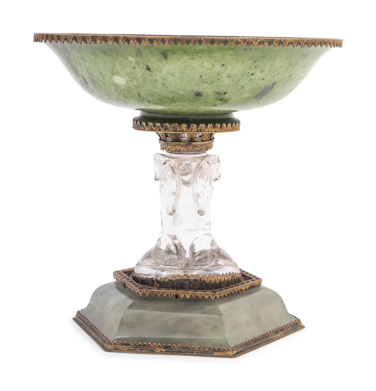 A Renaissance Revival Glass, Gilt Metal and Green Hardstone Footed Bowl