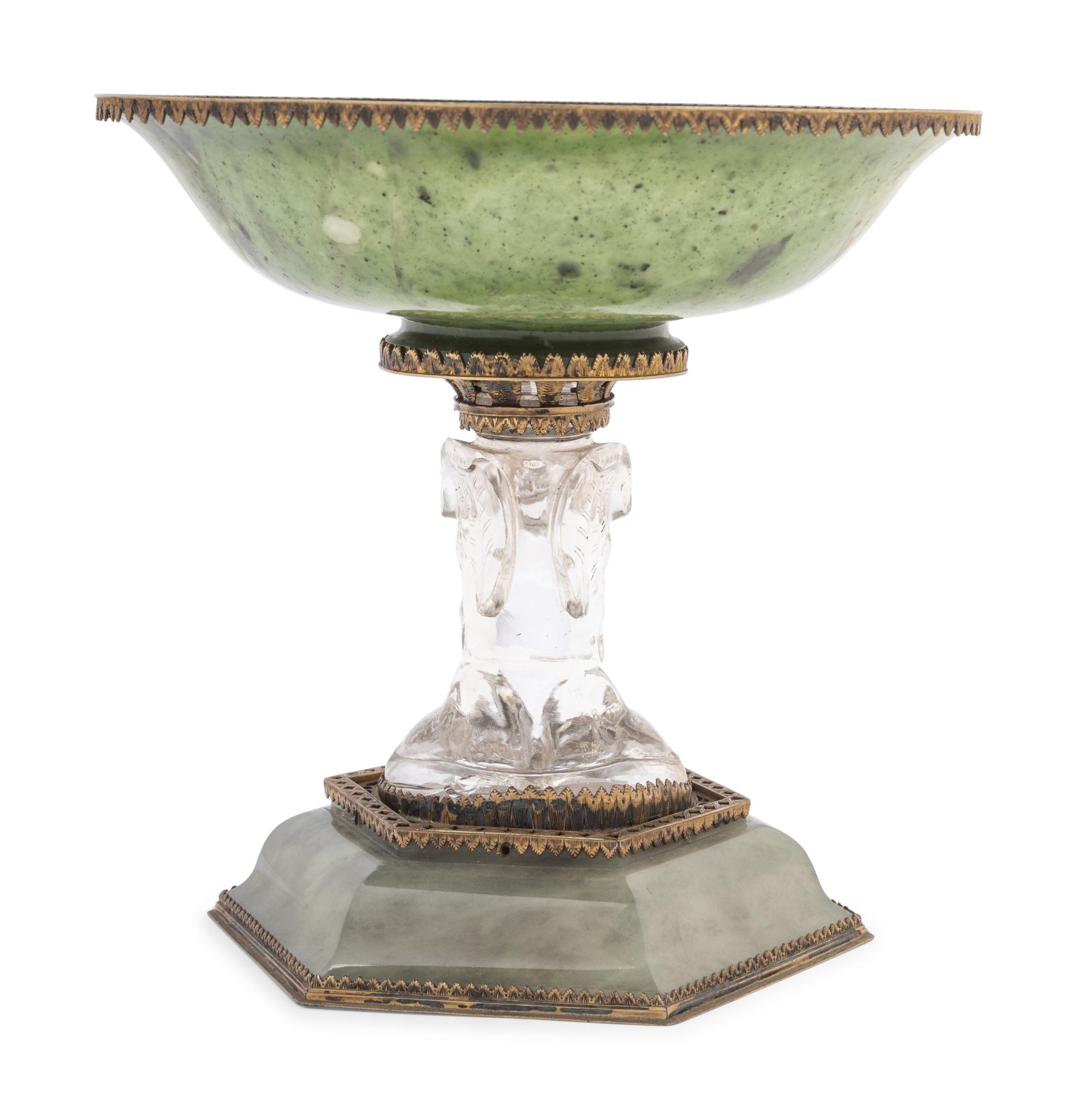 A Renaissance Revival Glass, Gilt Metal and Green Hardstone Footed Bowl