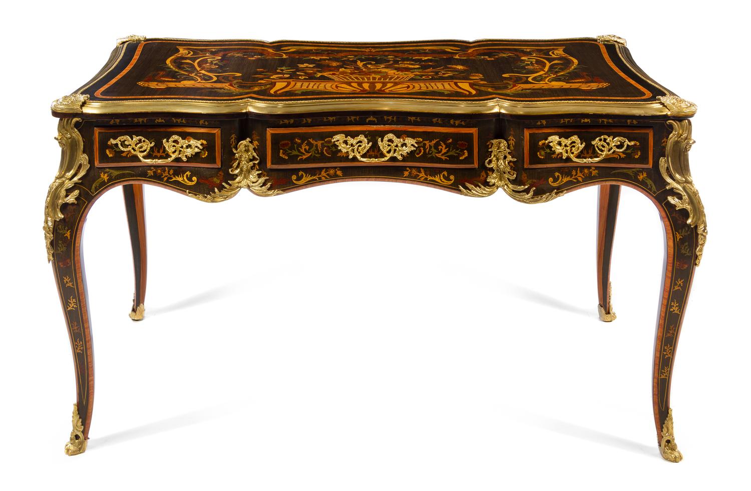 A Louis XV Style Gilt Bronze Mounted Marquetry Bureau Plat Height 32 x width 54 1/2 x depth 29 1/2 inches. — 20TH CENTURY