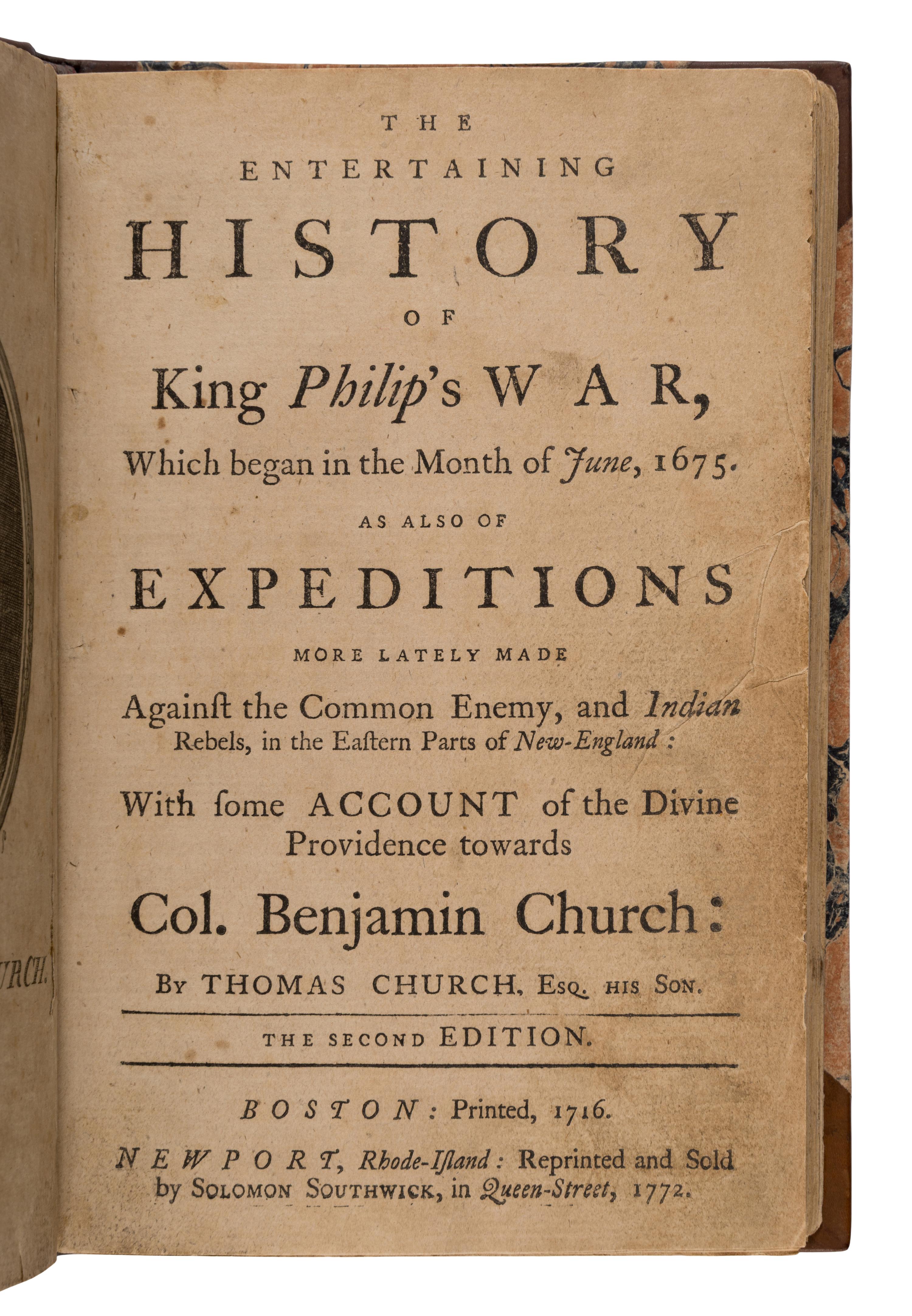 [Revere, Paul (1735-1818), engraver]. Church, Thomas (1674-1746). The Entertaining History of King Philip's War . Newport, RI: Reprinted by Solomon Southwick, 1772.