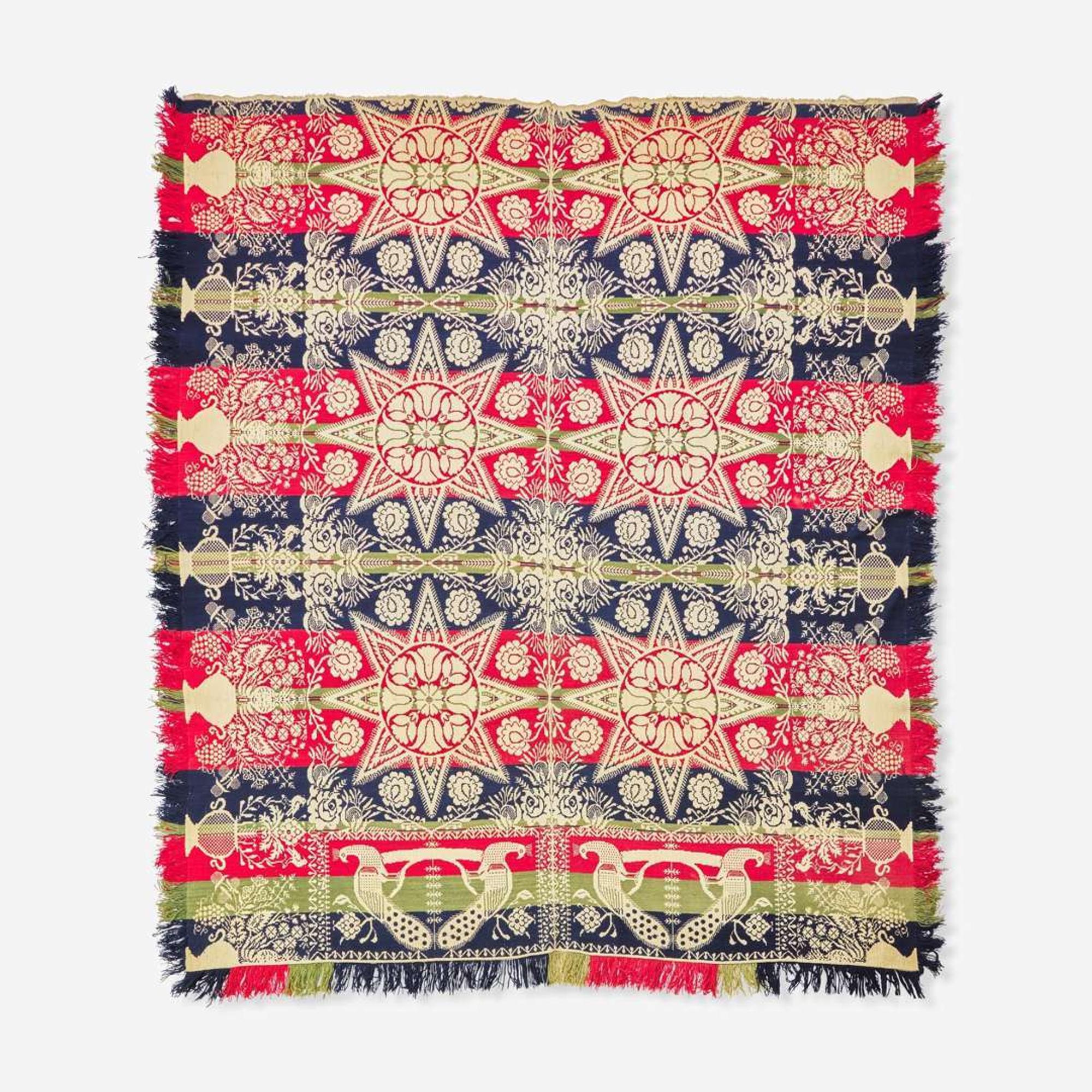 An assorted collection of five woven wool coverlets and one quilt; 19th century