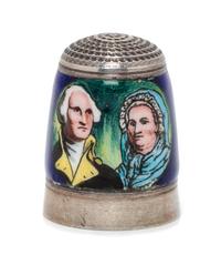 An English Silver and Enamel Thimble, Joseph Swan & Sons, Birmingham, 1973, the knurled top above an enamel band depicting George and M
