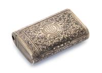 A Russian Niello Silver Cigarette Case, Maker's mark Cyrillic YaK, assay mark of Viktor Savinsky, Moscow, 1887, the lid centered by a m