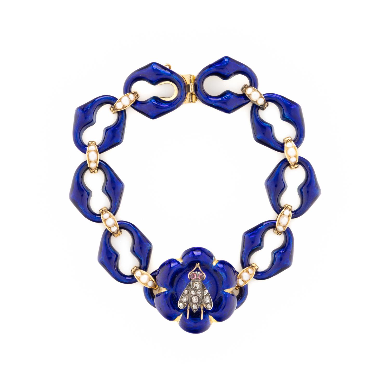 ANTIQUE, YELLOW GOLD, DIAMOND, SEED PEARL, AND ENAMEL INSECT BRACELET