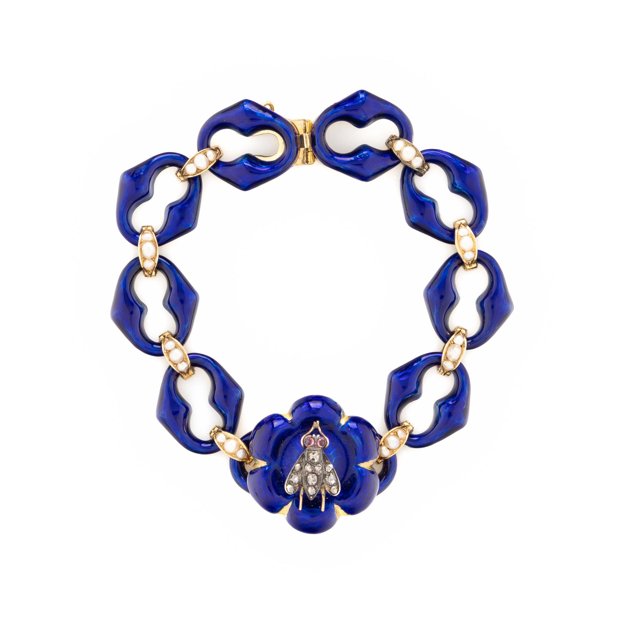 ANTIQUE, YELLOW GOLD, DIAMOND, SEED PEARL, AND ENAMEL INSECT BRACELET