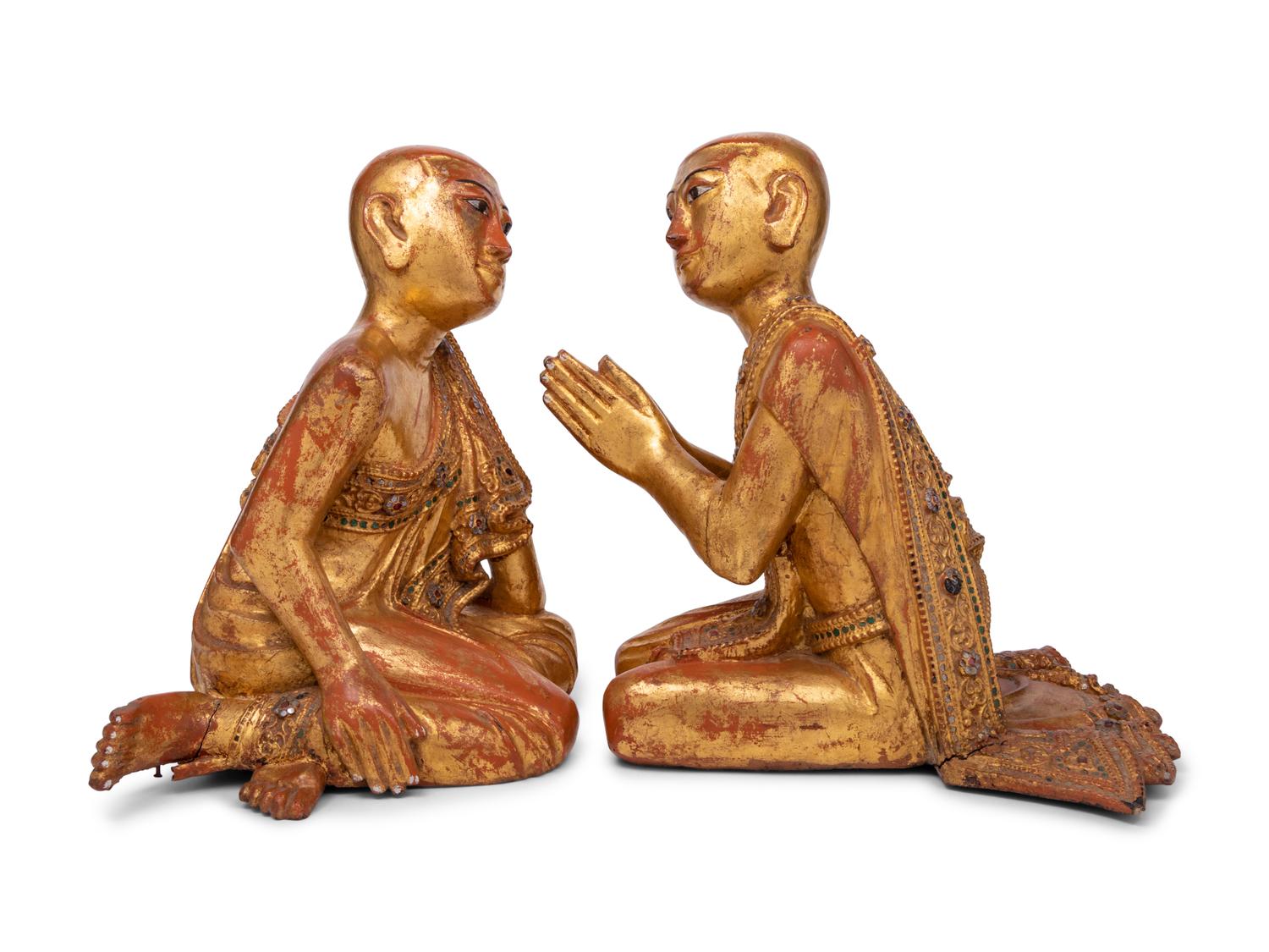 A Pair of Southeast Asian Giltwood Monk Figures