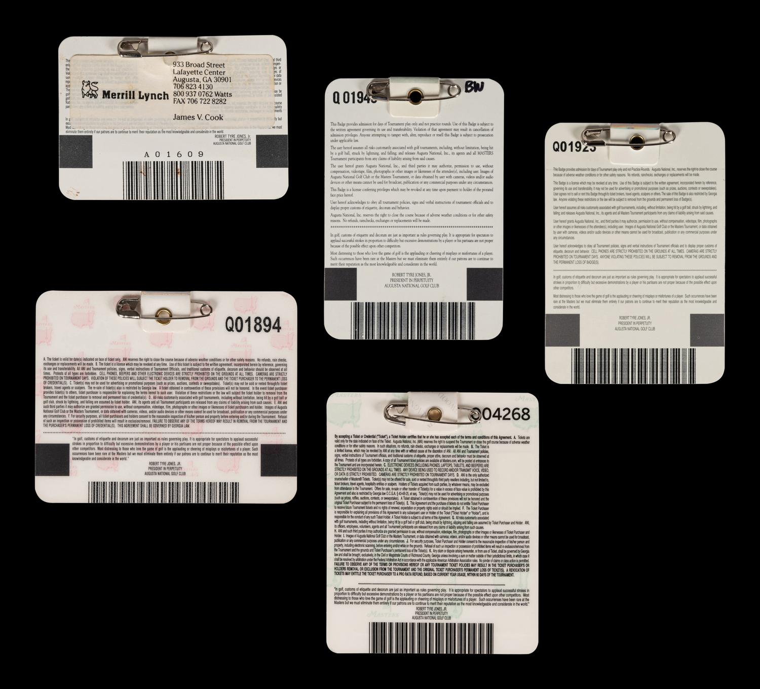 A Complete Set of Five Tiger Woods Augusta National Masters Championship Badges (1997, 2001, 2002, 2005, 2019),