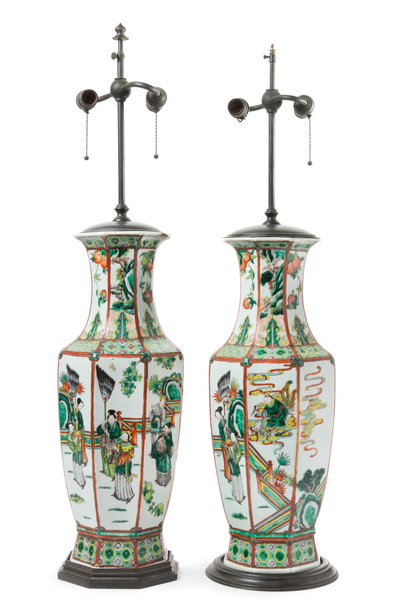 A Pair of Famille Verte Porcelain Faceted Vases Height of each vase 23 inches. — LATE 19TH/EARLY 20TH CENTURY