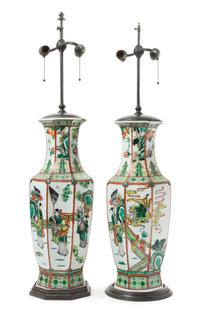A Pair of Famille Verte Porcelain Faceted Vases Height of each vase 23 inches. — LATE 19TH/EARLY 20TH CENTURY