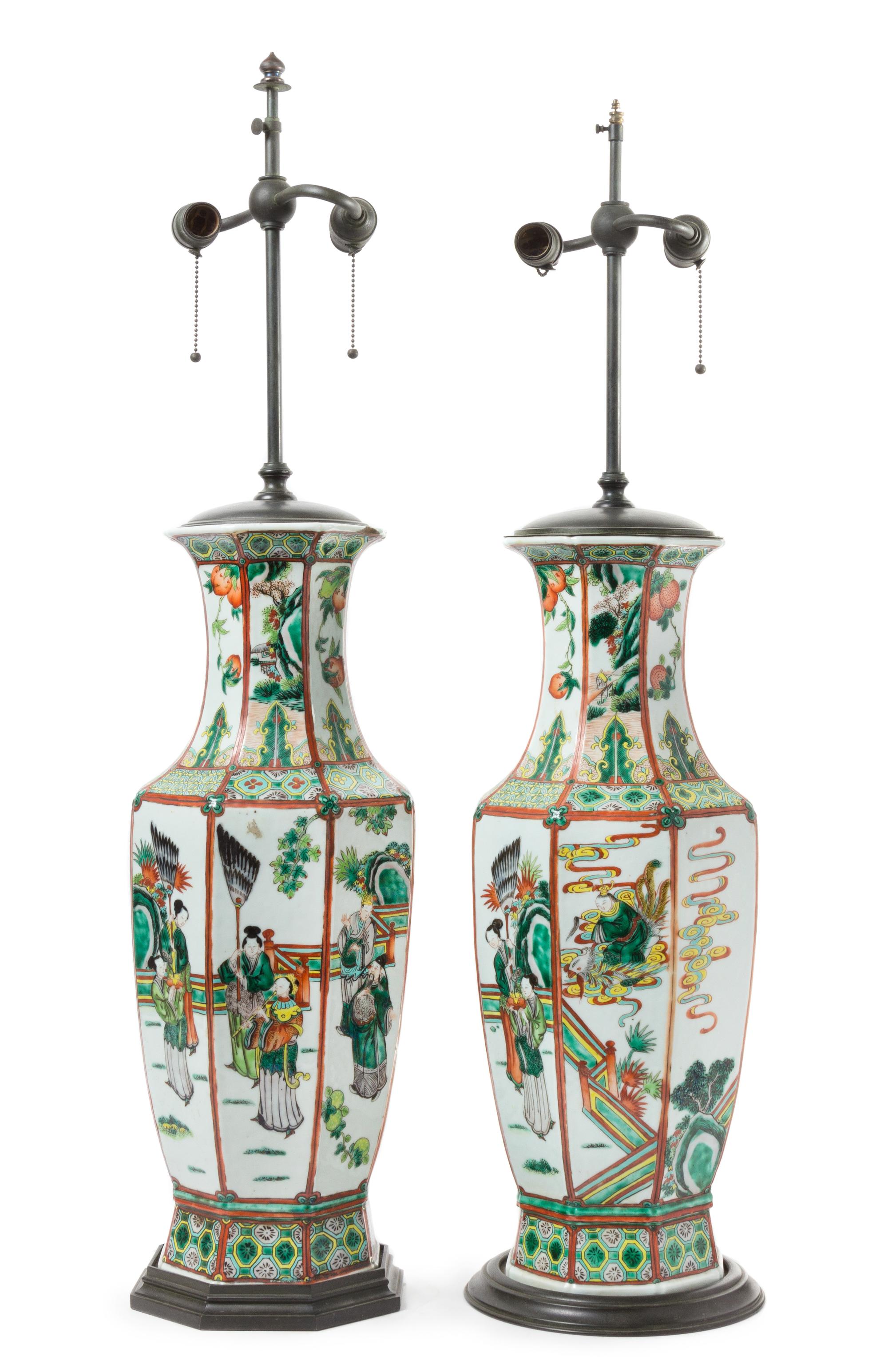 A Pair of Famille Verte Porcelain Faceted Vases Height of each vase 23 inches. — LATE 19TH/EARLY 20TH CENTURY
