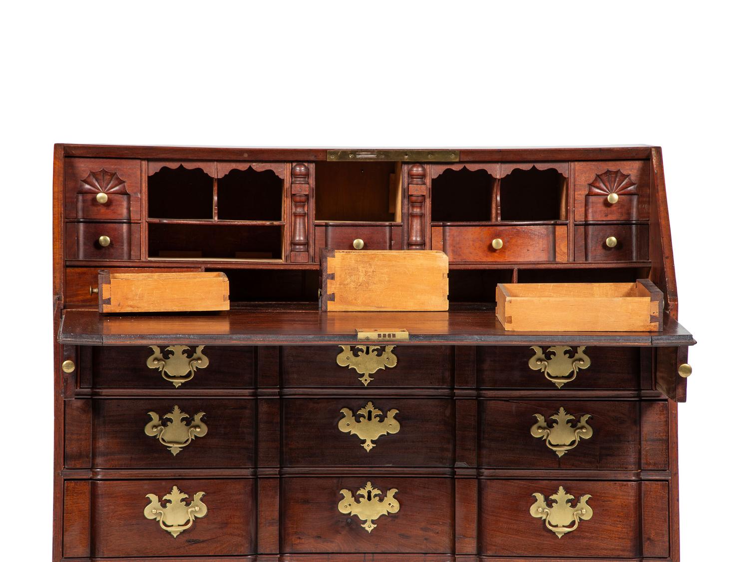A Chippendale Shell-Carved Mahogany Block-Front Slant-Front Desk