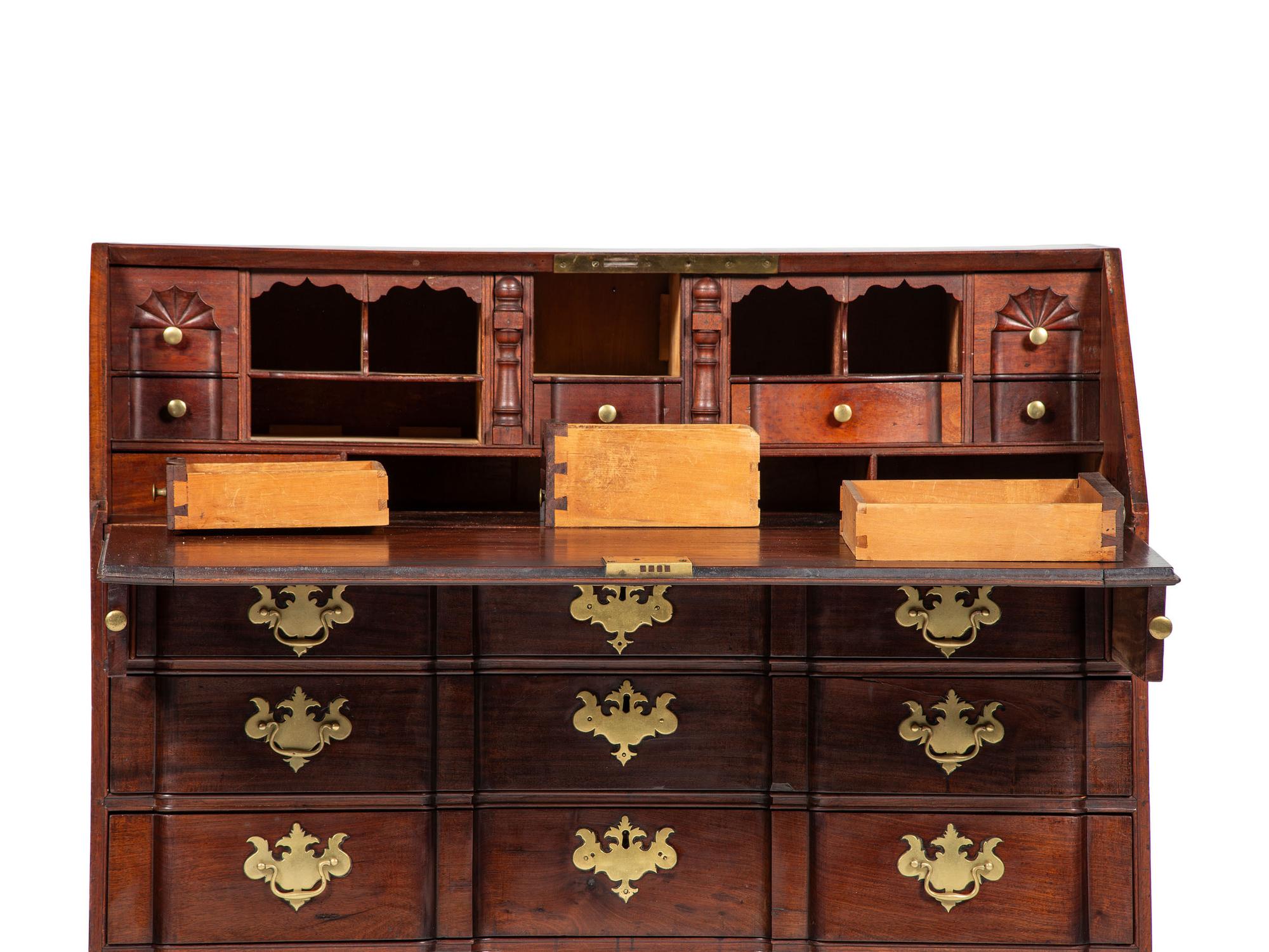 A Chippendale Shell-Carved Mahogany Block-Front Slant-Front Desk