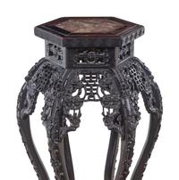 A Chinese Carved Hardwood and Marble-Inset Pedestal Table