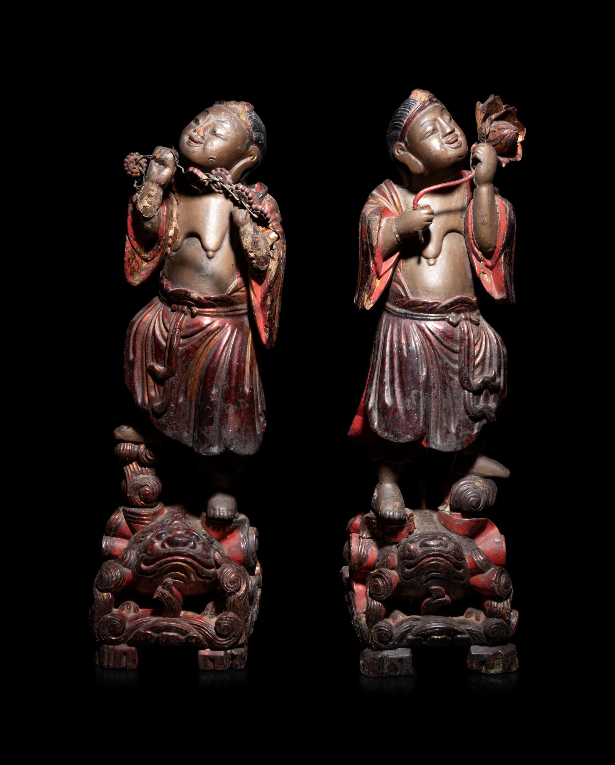 Two Chinese Painted Wood Figures of Immortals
