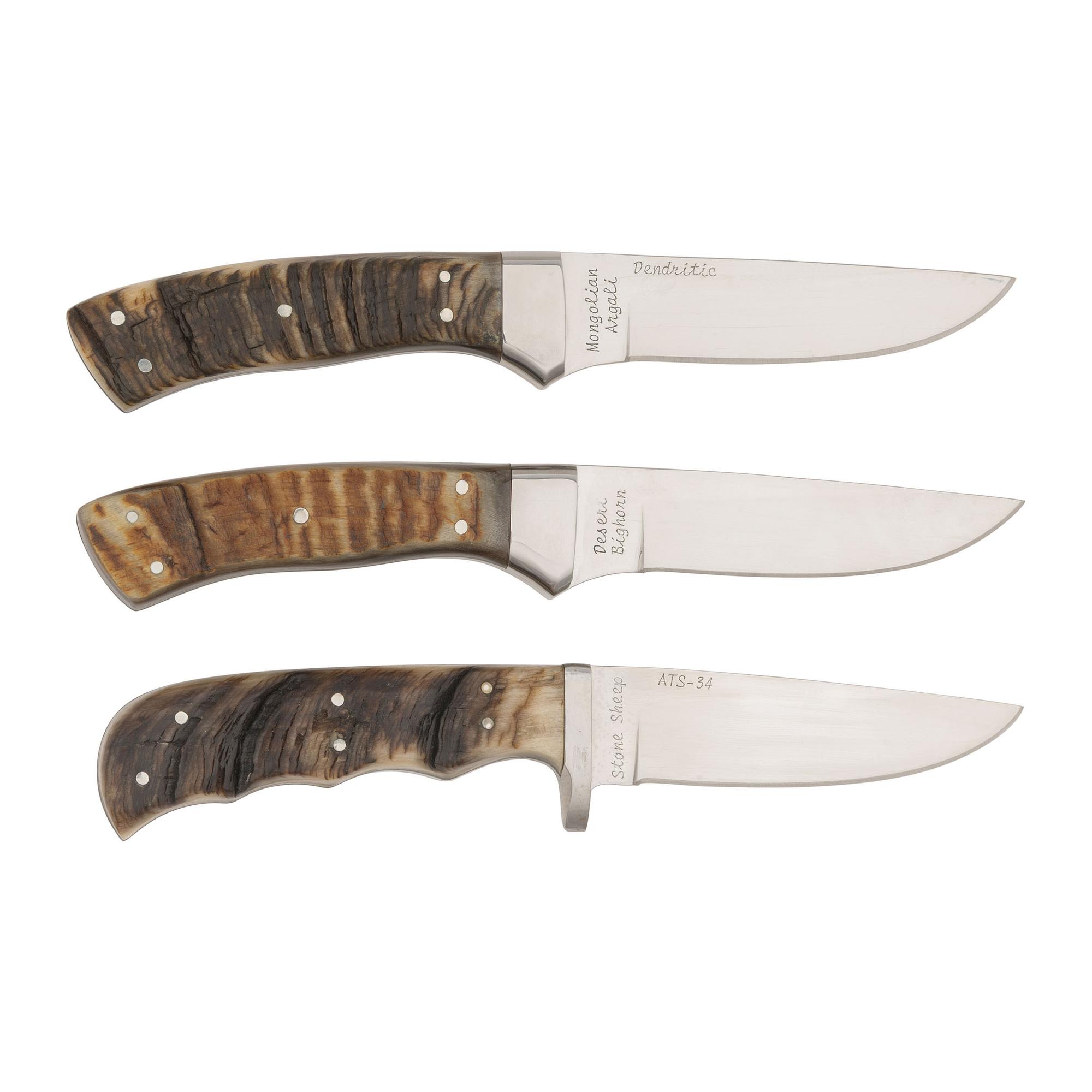 Lot of Three Gerome Weinand Sheep Horn Handle Knives Incl: Desert Bighorn, Stone Sheep, and Mongolian Argali