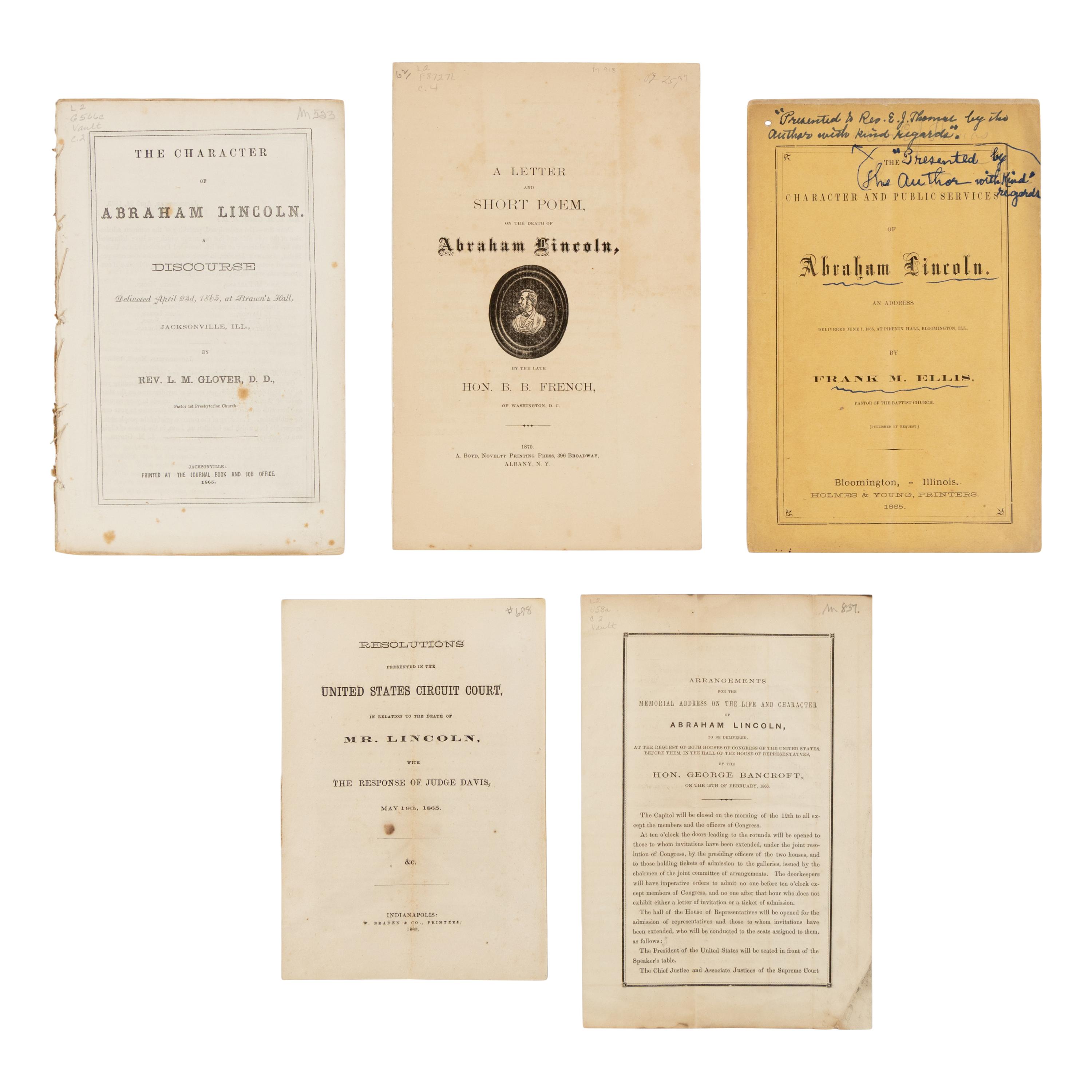 [LINCOLN FUNERAL]. A group of 5 works and pamphlets on Lincoln commemorations and eulogies, comprising: