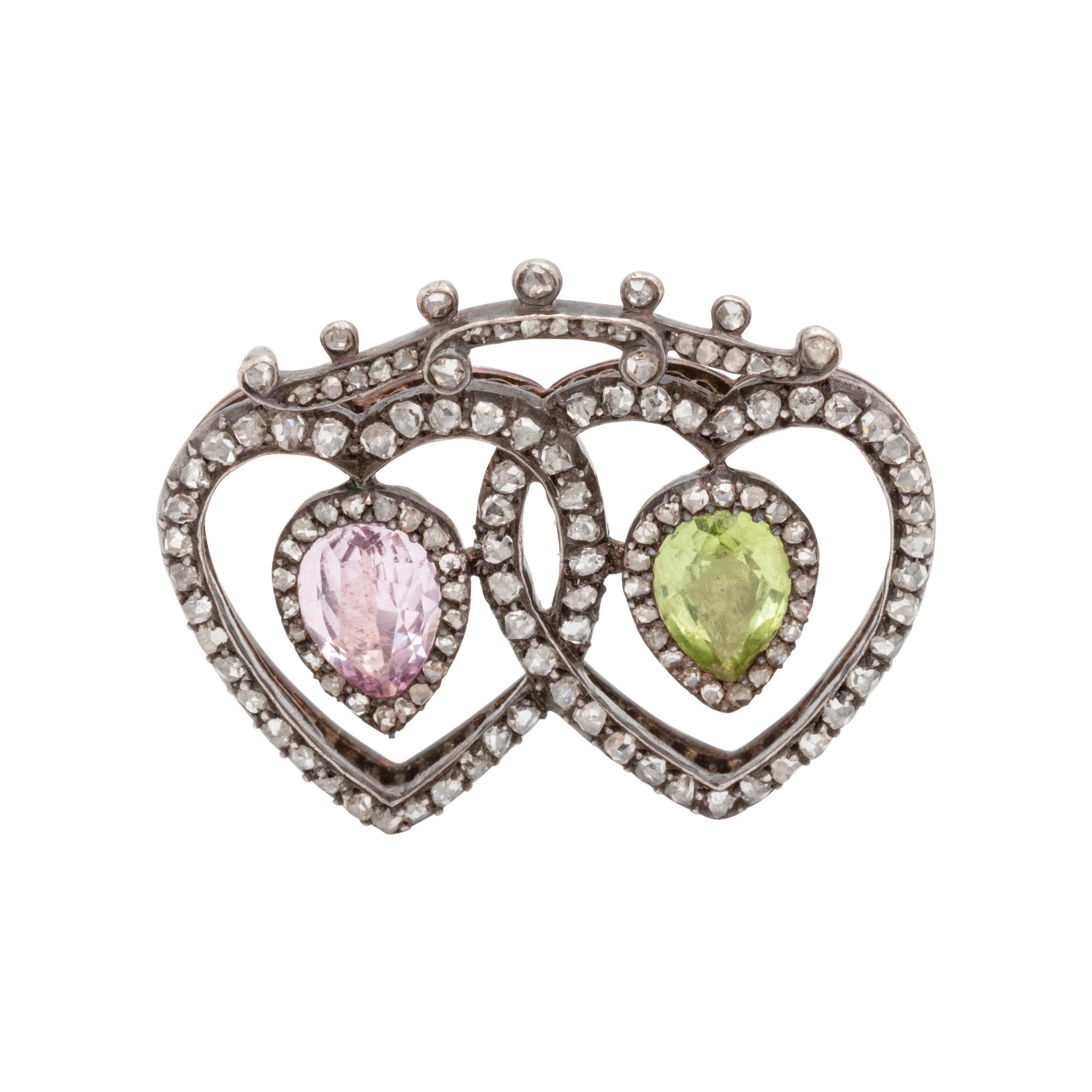 GEORGIAN, DIAMOND AND GEMSTONE DOUBLE HEART BROOCH