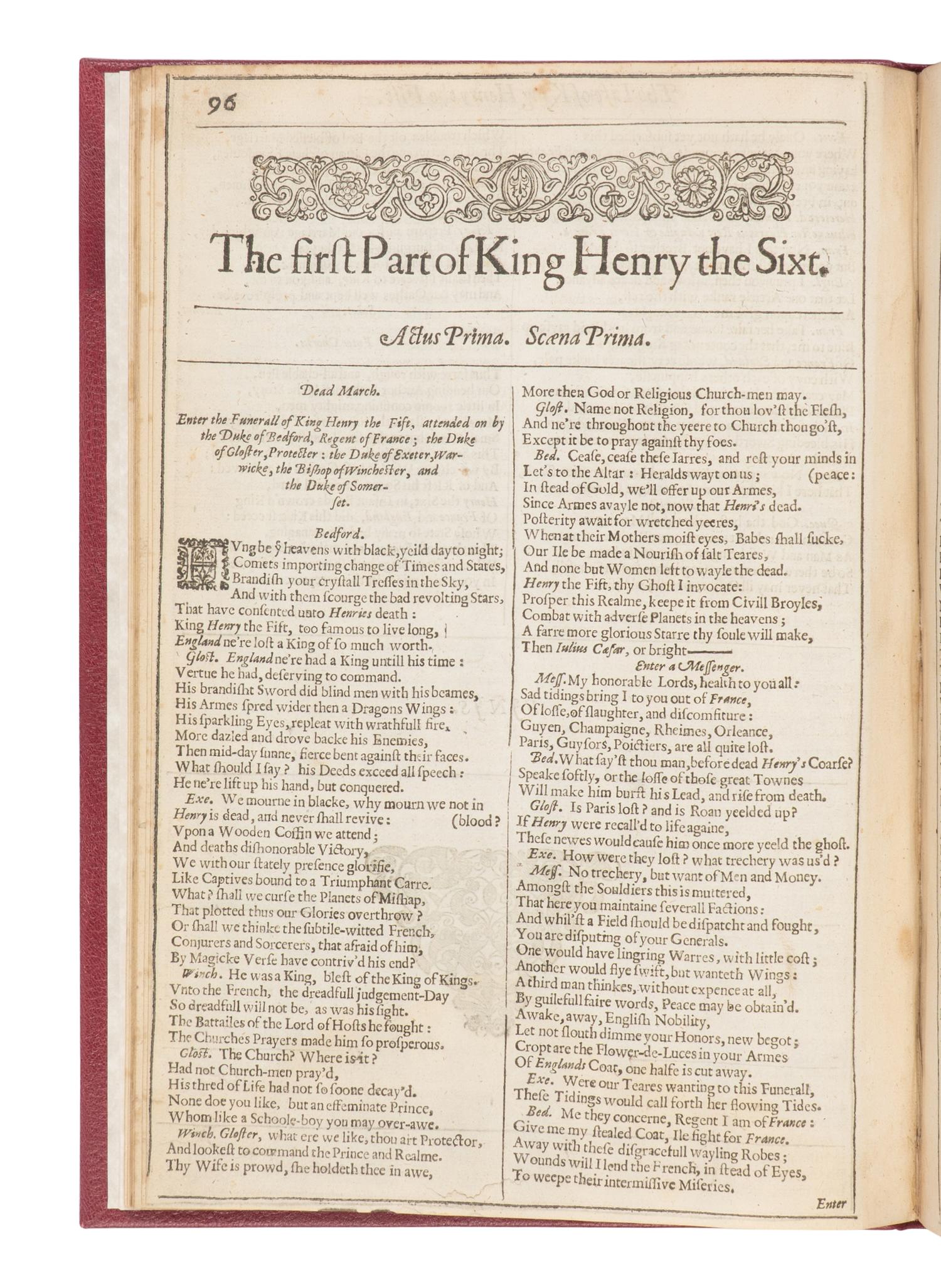 SHAKESPEARE, William (1564-1616). The Life of King Henry the Fifth . -- The first Part of King Henry the Sixt . -- The second Part of King Henry the Sixt . -- The third Part of King Henry the Sixt . [Extracted from: THE SECOND FOLIO ]. [London: printed by Thomas Cotes, 1632].
