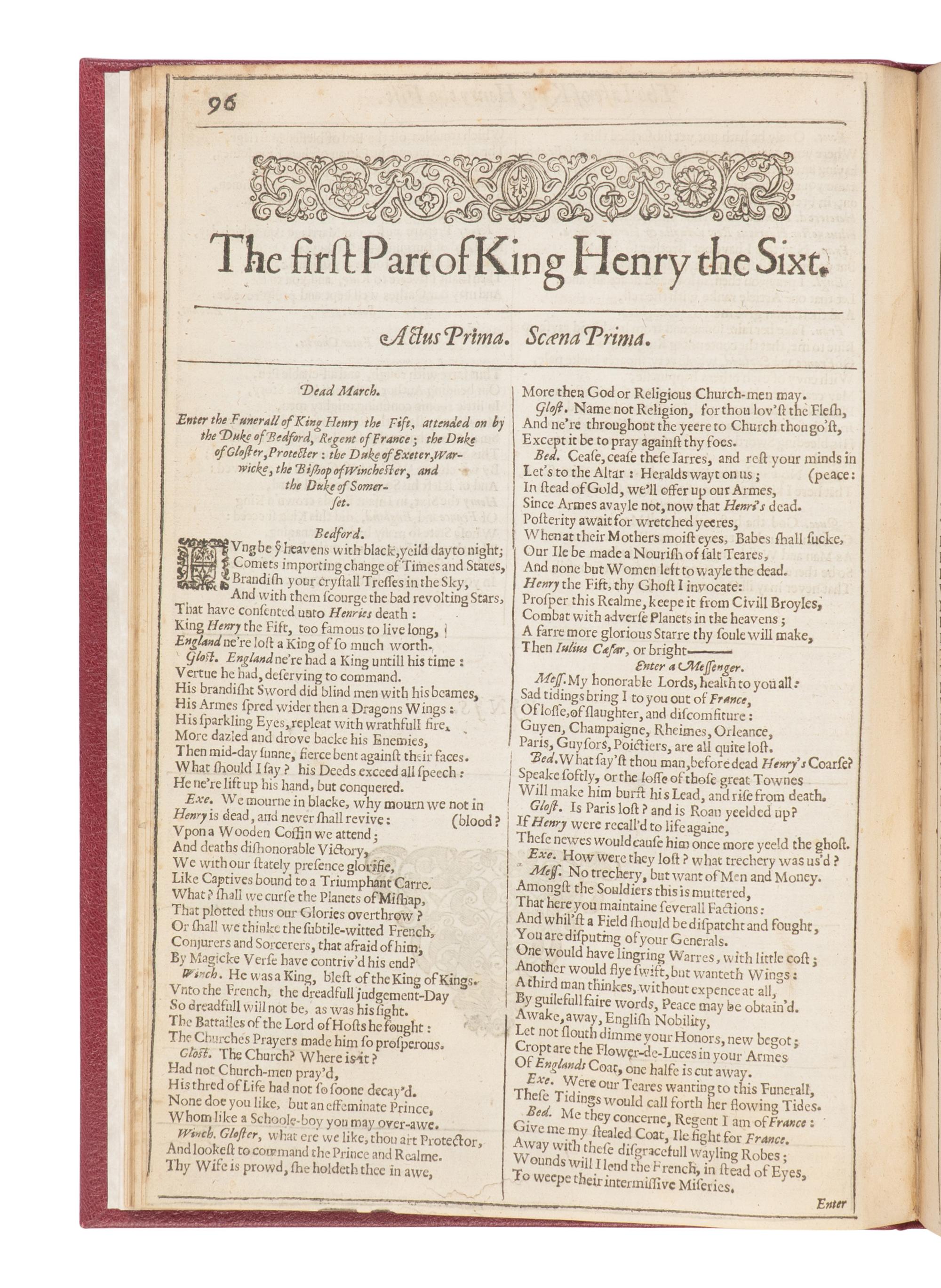 SHAKESPEARE, William (1564-1616). The Life of King Henry the Fifth . -- The first Part of King Henry the Sixt . -- The second Part of King Henry the Sixt . -- The third Part of King Henry the Sixt . [Extracted from: THE SECOND FOLIO ]. [London: printed by Thomas Cotes, 1632].