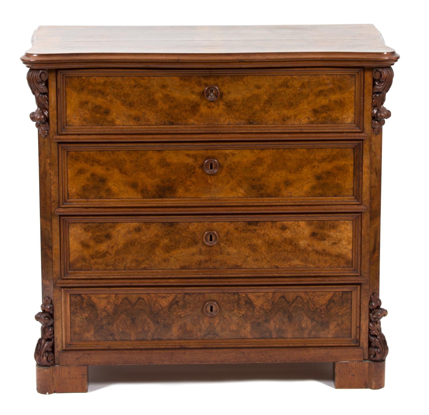 A Victorian Style Burl Walnut Chest of Drawers Height 36 x width 39 x depth 22 inches. — 19TH CENTURY