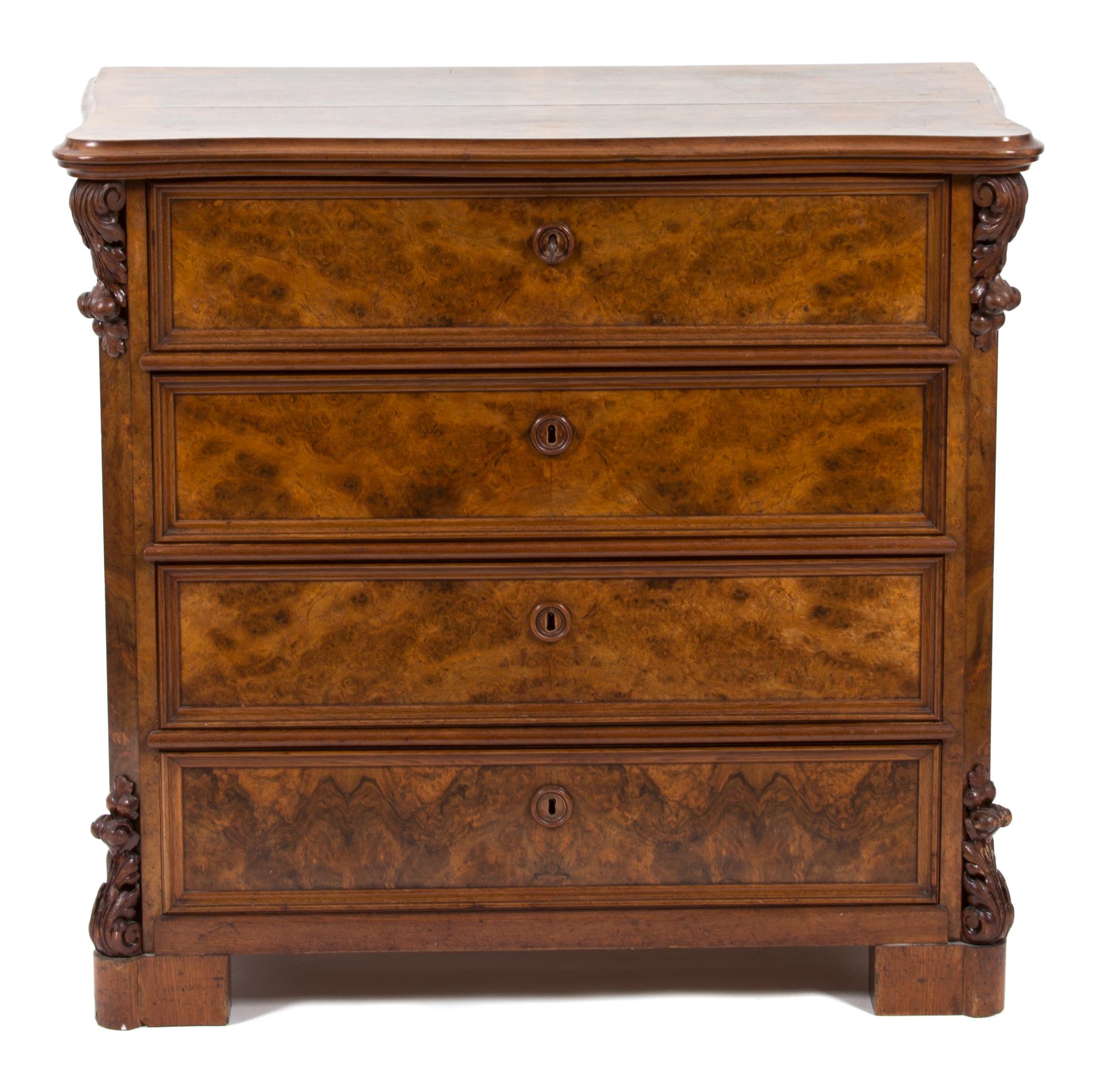 A Victorian Style Burl Walnut Chest of Drawers Height 36 x width 39 x depth 22 inches. — 19TH CENTURY