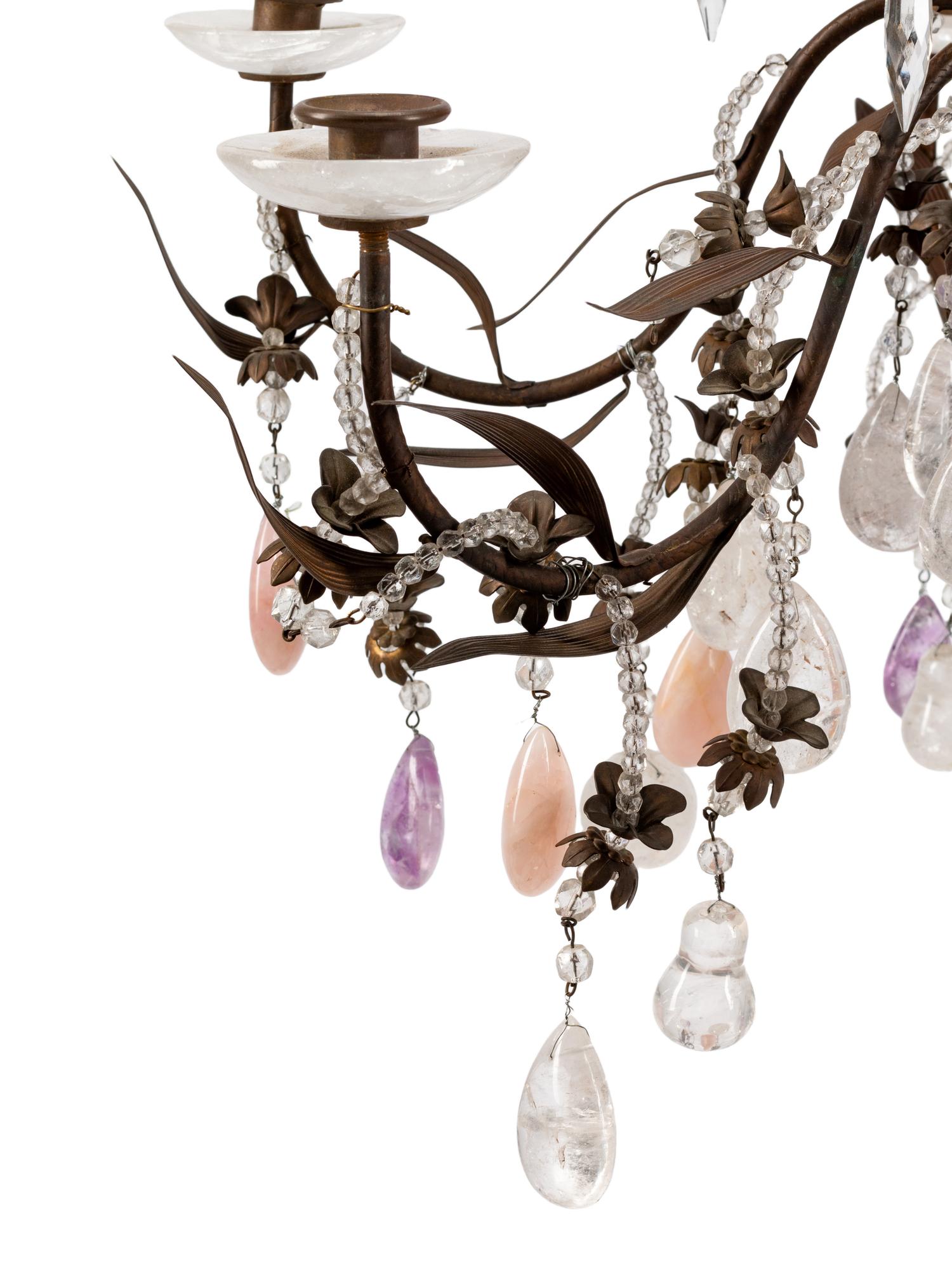A French Bronze Chandelier with Rock Crystal, Amethyst and Rose Quartz Prisms