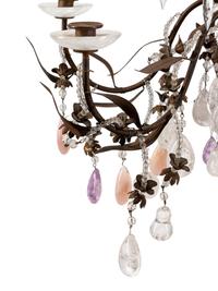 A French Bronze Chandelier with Rock Crystal, Amethyst and Rose Quartz Prisms